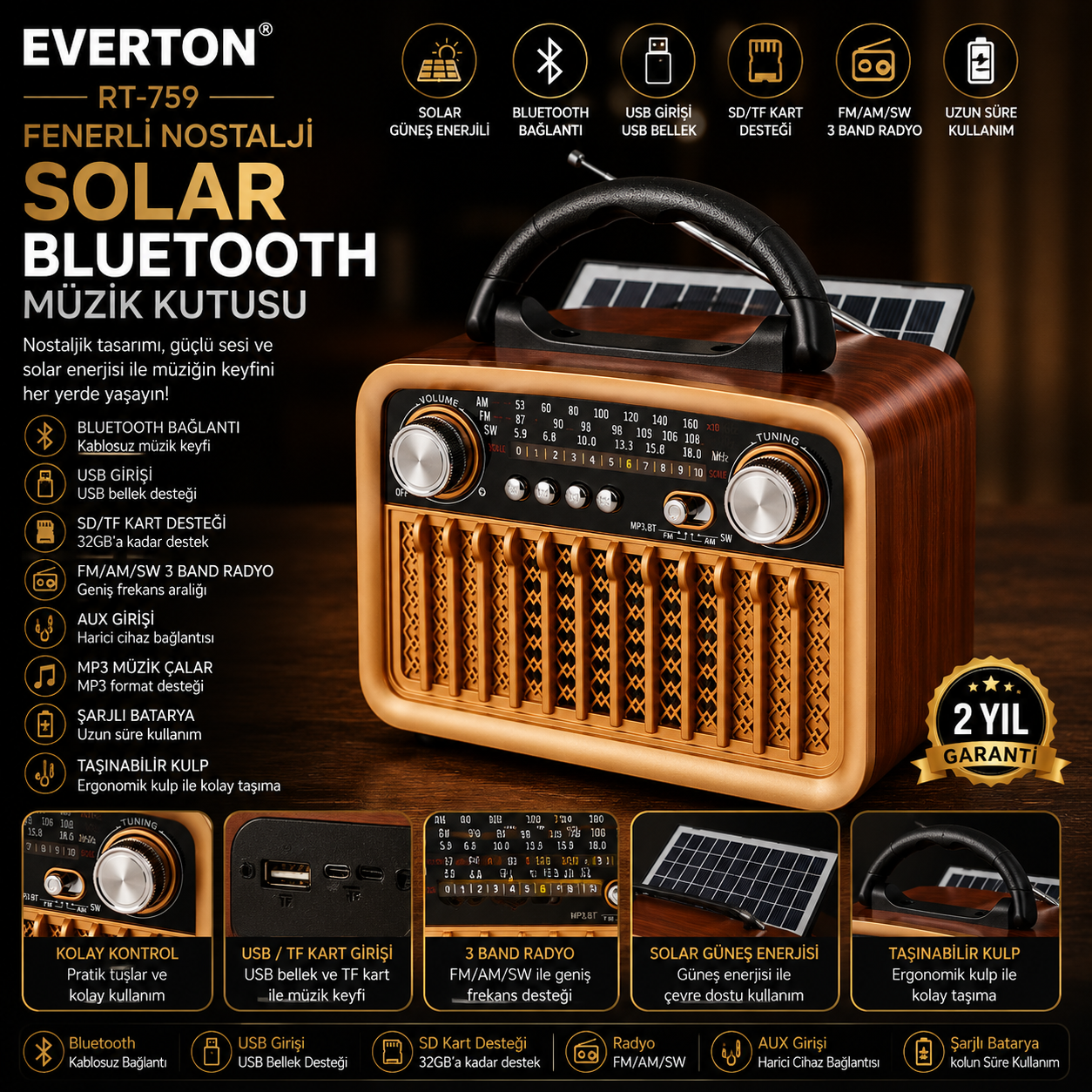Everton Rt-759 Fenerli Nostalji Solar Güneş Enerjili Bluetooth/USB/Sd kart/ Radyo mp3 Player Müzik Kutusu
