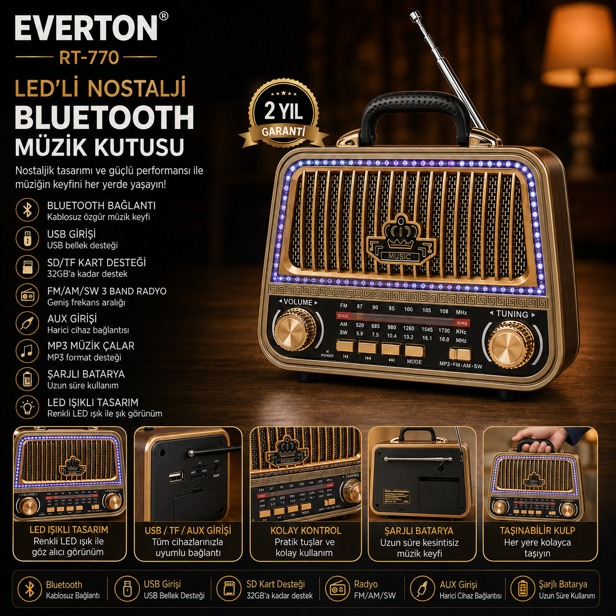 Everton RT-770 Led li Nostalji Bluetooth/USB/Sd kart/ Radyo mp3 Player Müzik Kutusu