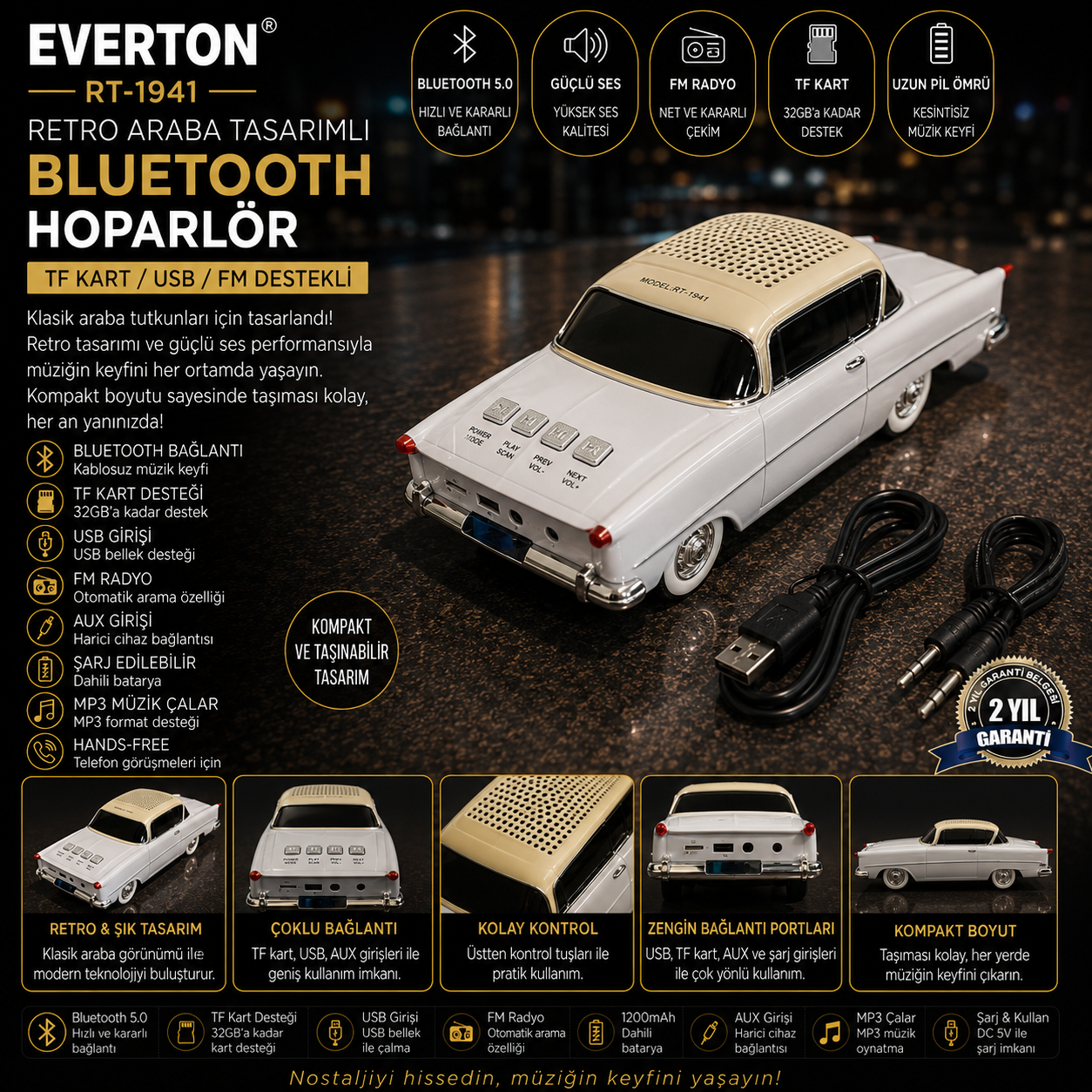 Everton RT-1941 Araba Görünümlü Bluetooth/USB/Sd kart/Aux/Radyo Mp3 Player Müzik Kutusu