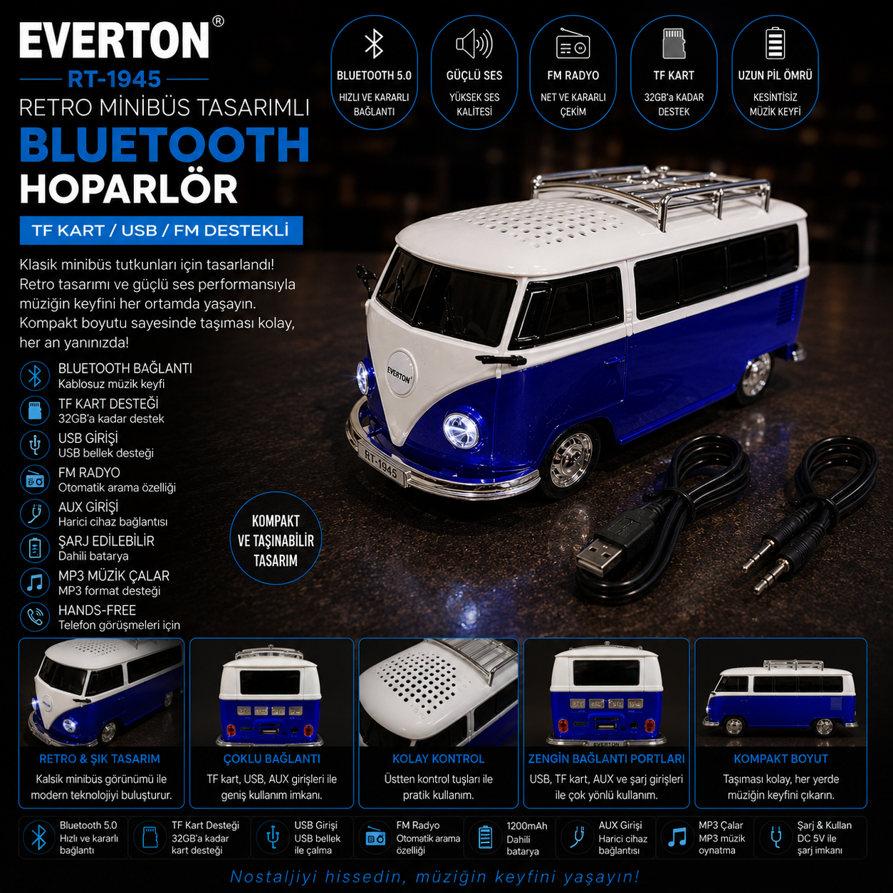 Everton RT-1945 Retro Minibüs Tasarımlı Bluetooth Hoparlör – TF Kart / USB / FM Destekli