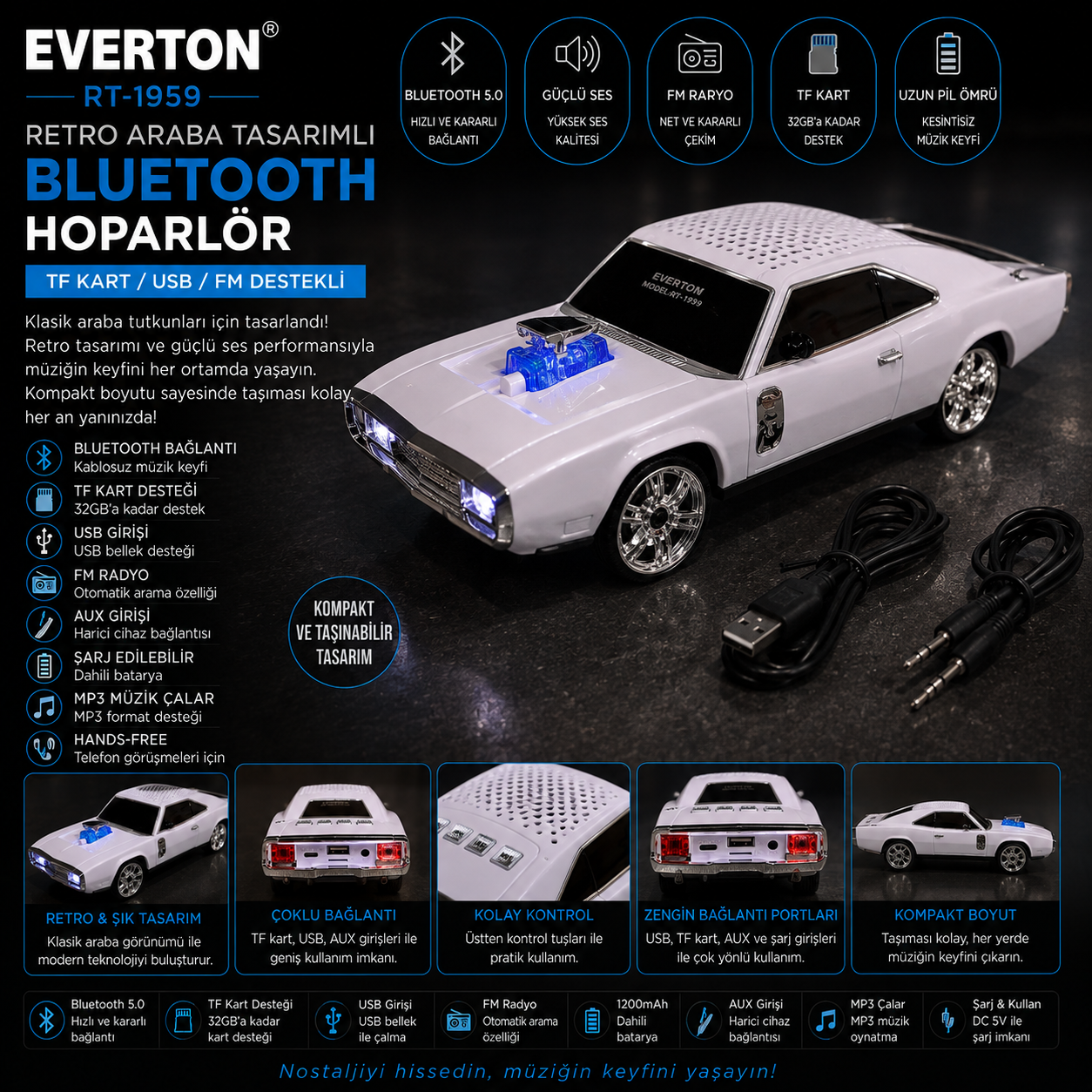 Everton RT-1959 Retro Araba Tasarımlı Bluetooth Hoparlör – TF Kart / USB / FM Destekli