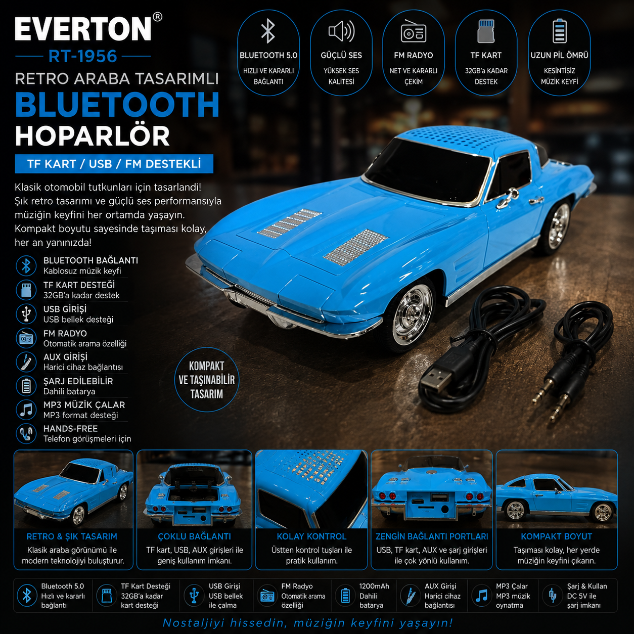 Everton RT-1956 Retro Araba Tasarımlı Bluetooth Hoparlör – TF Kart / USB / FM Destekli