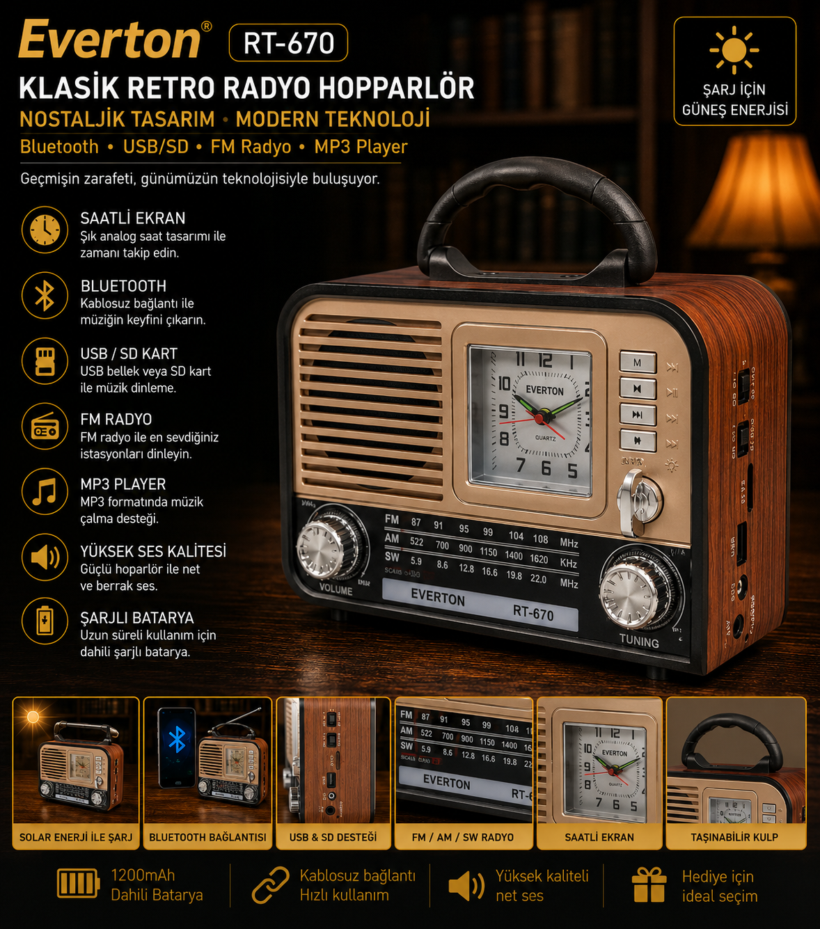Everton RT-670 Retro Bluetooth Radyo Saatli Hoparlör | USB, SD Kart, FM Radyo, Şarjlı