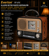 Everton RT-670 Retro Bluetooth Radyo Saatli Hoparlör | USB, SD Kart, FM Radyo, Şarjlı
