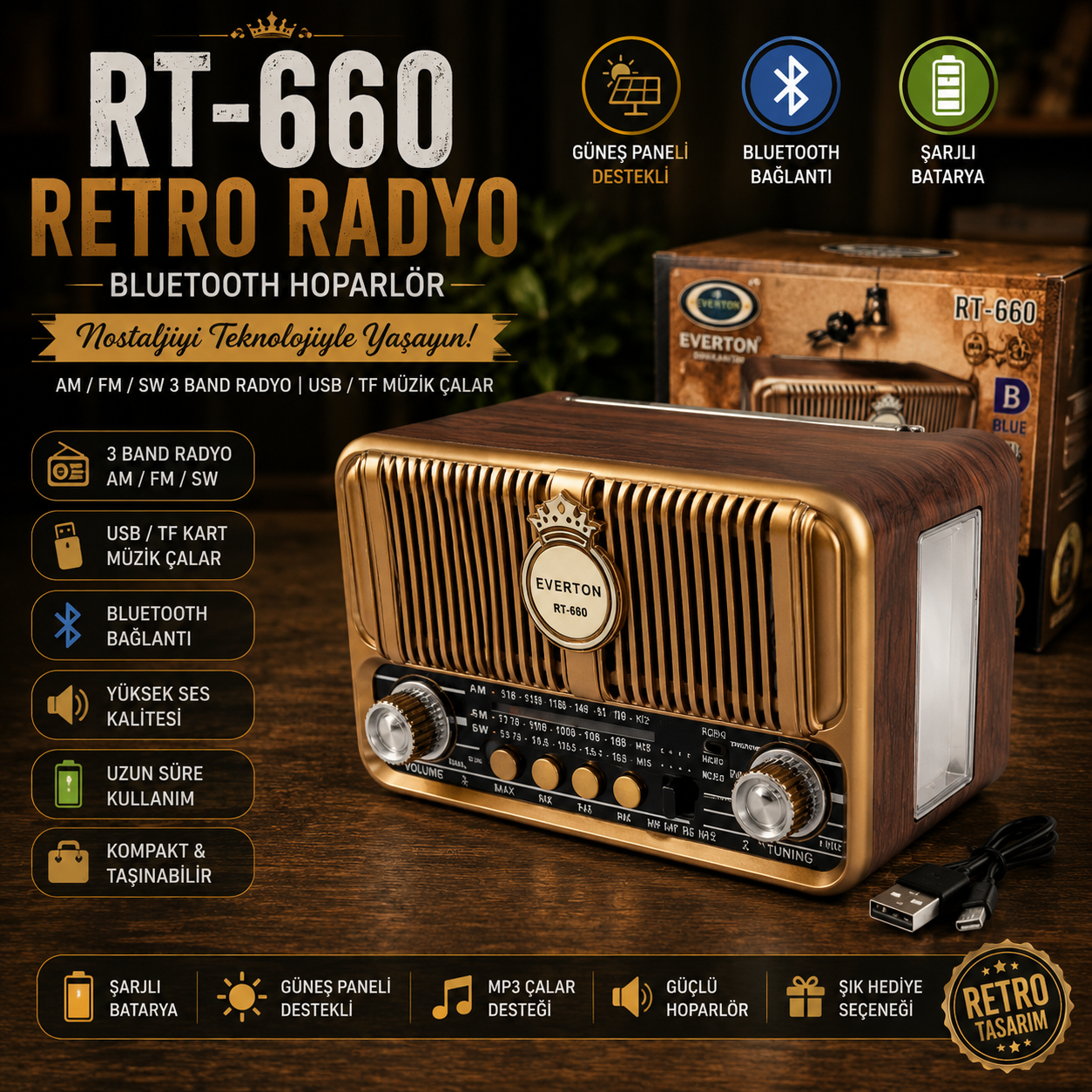 Retro Tasarımlı RT-660 AM/FM/SW 3 Band Radyolu Bluetooth Hoparlör - Güneş Paneli Destekli, USB/TF Müzik Çalar Özellikli