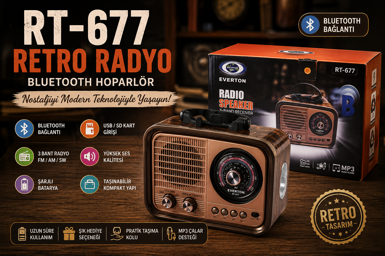 RT-677 Retro Radyo Bluetooth Hoparlör – USB/SD Kart Girişli, 3 Bant Radyo Alıcılı, Taşınabilir Şarjlı Nostaljik Radyo
