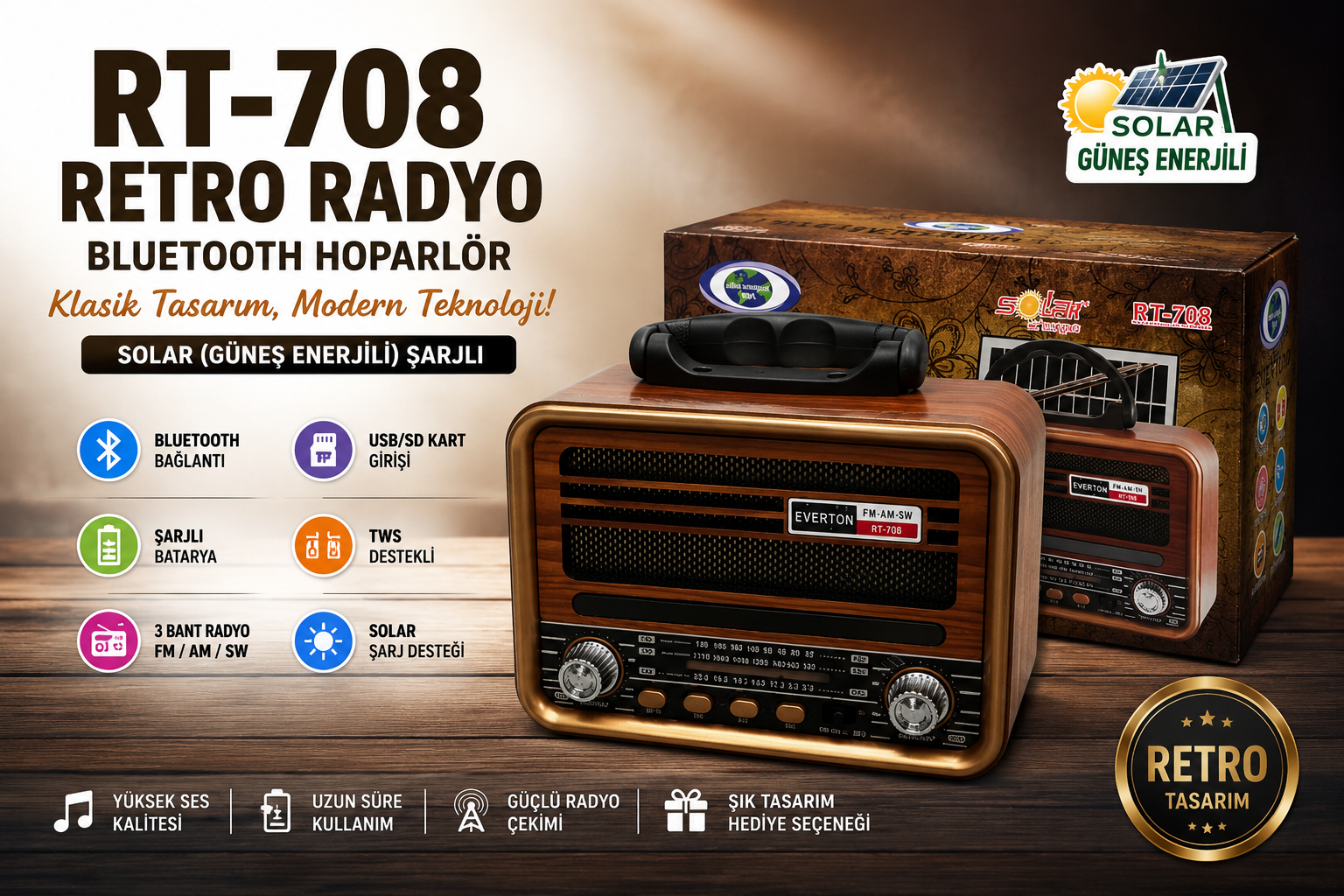 RT-708 Retro Radyo Bluetooth Hoparlör – Solar (Güneş Enerjili) Şarjlı, USB/SD Kart Girişli, TWS Destekli, 3 Bant Radyo