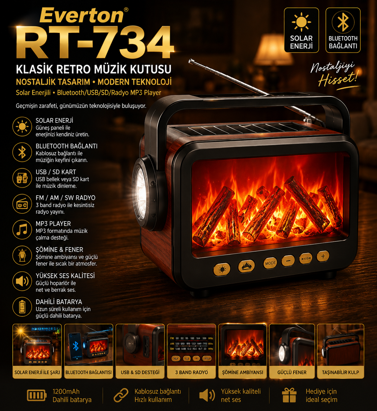 Everton Rt-734 Şömine Görünümlü Fenerli / Solar Güneş Enerjili / Nostalji Bluetooth/USB/Sd/ Radyo Mp3 Player Müzik Kutusu