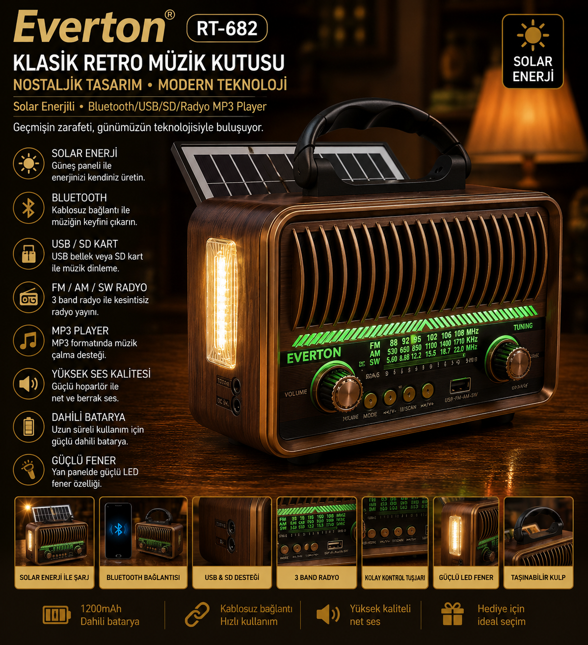 Everton RT-682 / Klasik Retro Solar , Fenerli ,Nostalji Bluetooth/USB/Sd/ Radyo Mp3 Player Müzik Kutusu