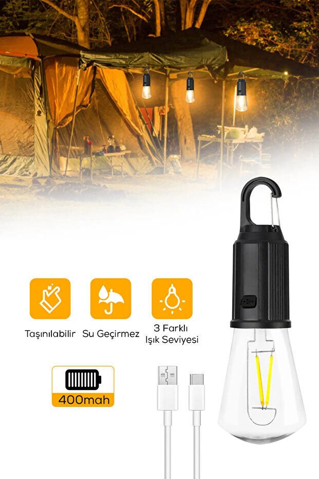 V-012 Taşınabilir USB Şarjlı Led Ampul Outdoor Kamp Bahçe Lambası Askılı Kırılmaz Led Işık