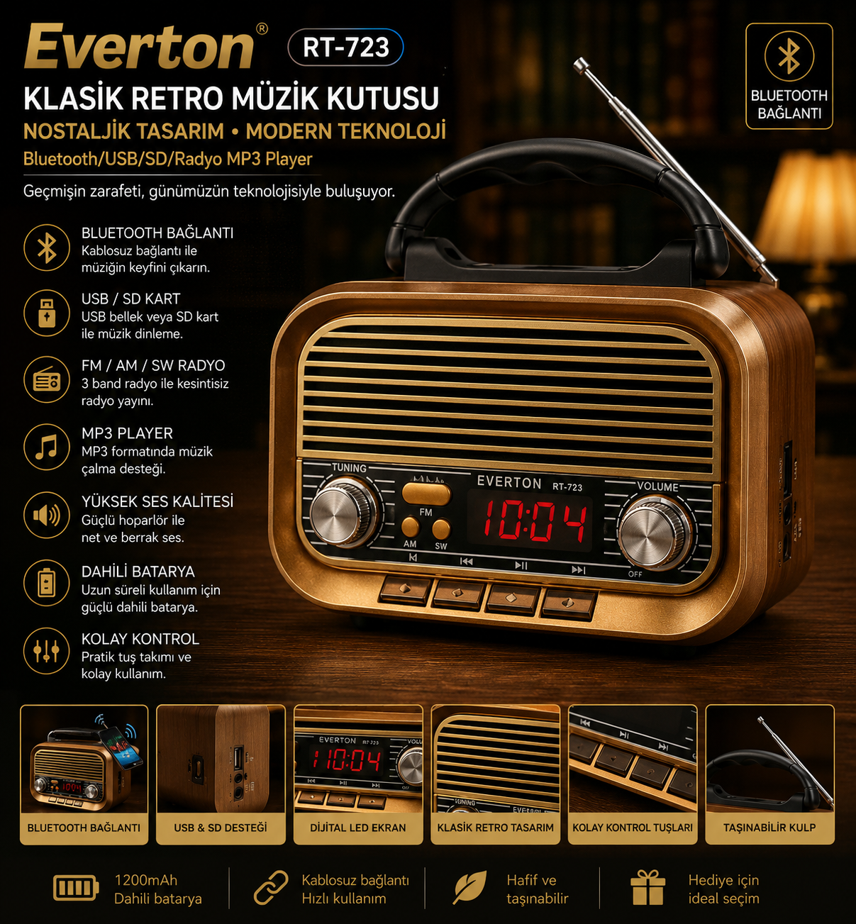 Everton RT-723 / Klasik Retro , Dijital ,Nostalji Bluetooth/USB/Sd/ Radyo Mp3 Player Müzik Kutusu