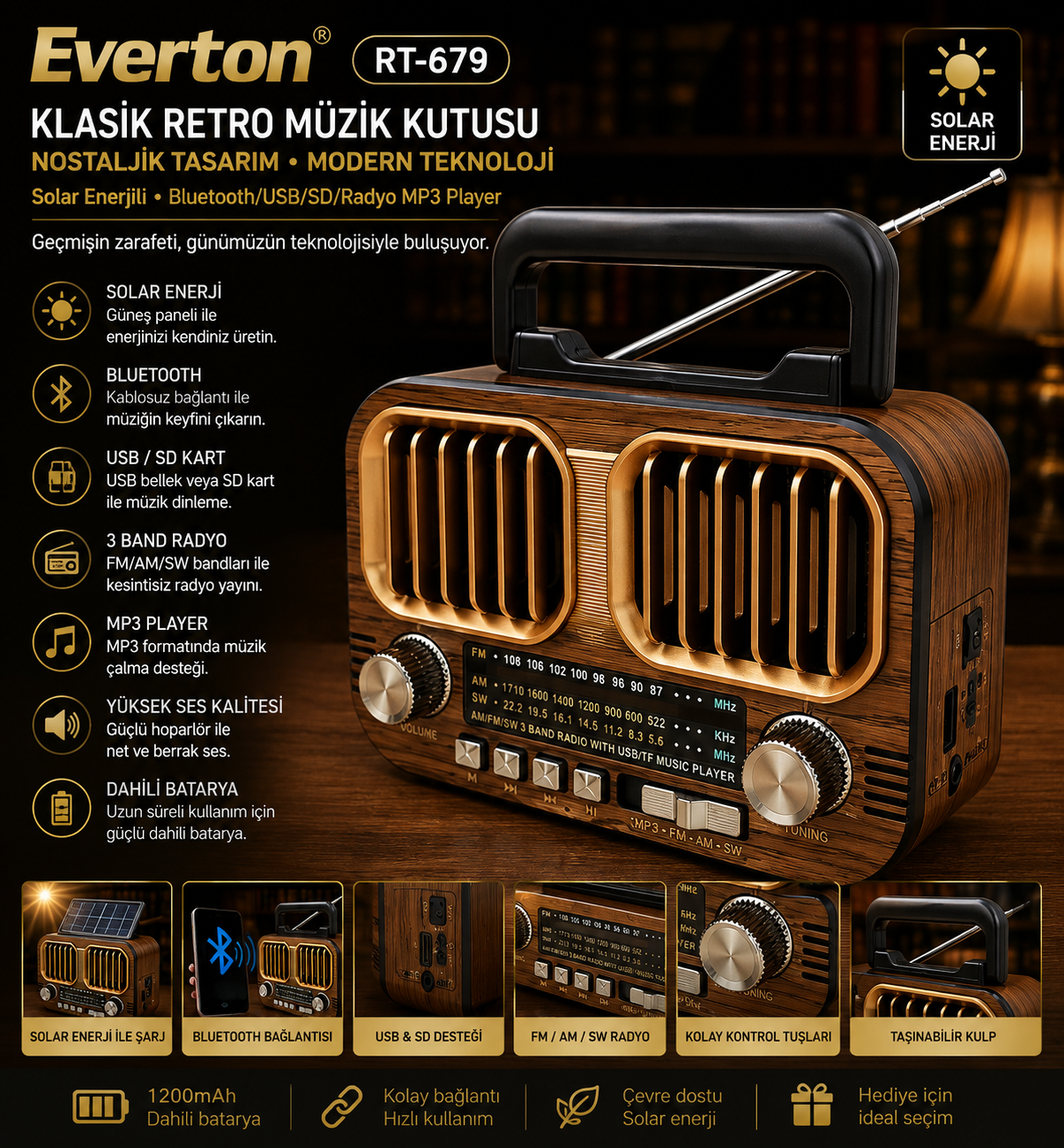 Everton RT-679 / Klasik Retro Solar Enerjili , Nostalji Bluetooth/USB/Sd/ Radyo Mp3 Player Müzik Kutusu
