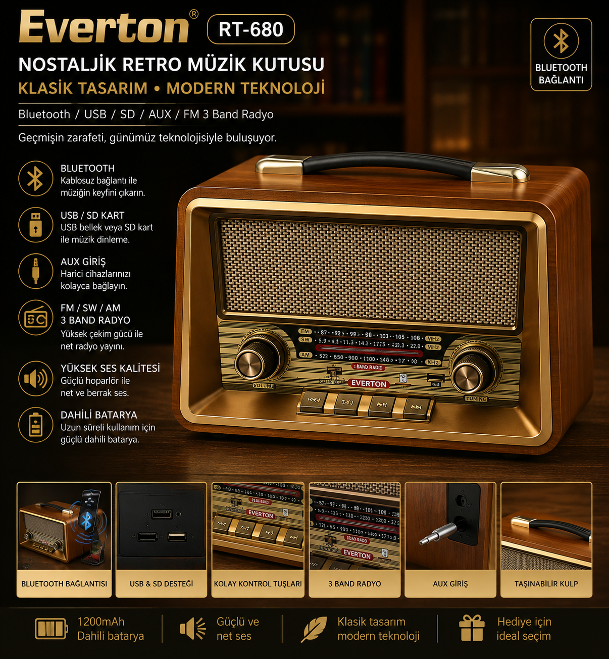 Everton RT-680 Bluetooth, Usb/Sd/Aux/Fm 3 Band Radyo Nostalji Müzik Kutusu Büyük Boy