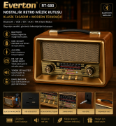 Everton RT-680 Bluetooth, Usb/Sd/Aux/Fm 3 Band Radyo Nostalji Müzik Kutusu Büyük Boy
