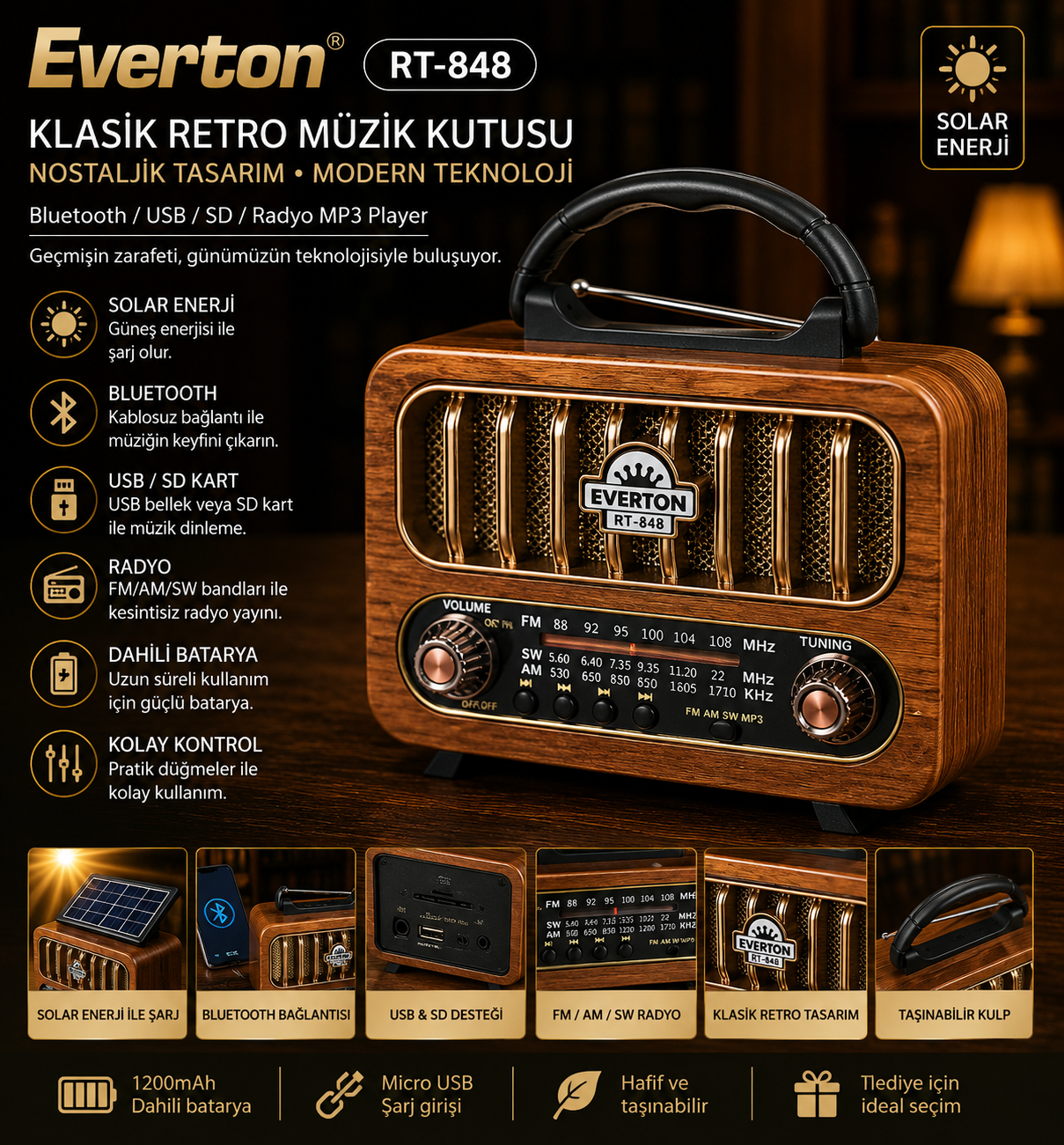 Everton RT-848 / Şık Tasarımlı ,Klasik Retro , Solar Enerjili ,Nostalji Bluetooth/USB/Sd/ Radyo Mp3 Player Müzik Kutusu
