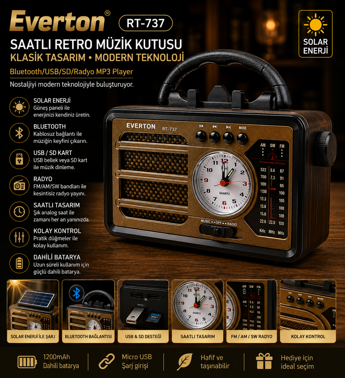 Everton RT-737 / Şık Tasarımlı Saatli ,Klasik Retro , Solar Enerjili ,Nostalji Bluetooth/USB/Sd/ Radyo Mp3 Player Müzik Kutusu