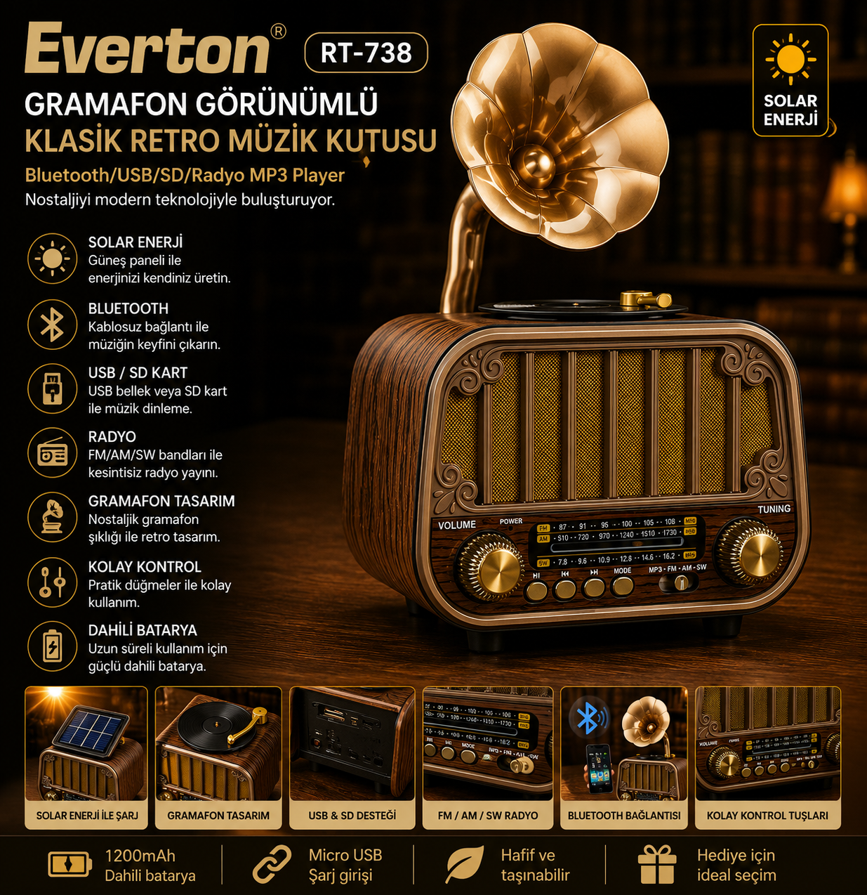 Everton RT-738 Şık Tasarımlı Gramafon Görünümlü Klasik Retro Nostalji Bluetooth/USB/Sd/ Radyo Mp3 Player Müzik Kutusu