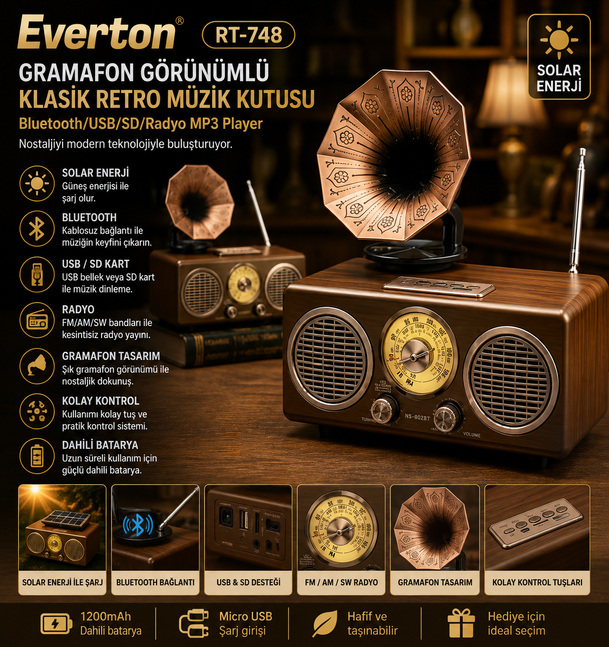 Everton RT-748 Şık Tasarımlı Gramafon Görünümlü Klasik Retro Nostalji Bluetooth/USB/Sd/ Radyo Mp3 Player Müzik Kutusu