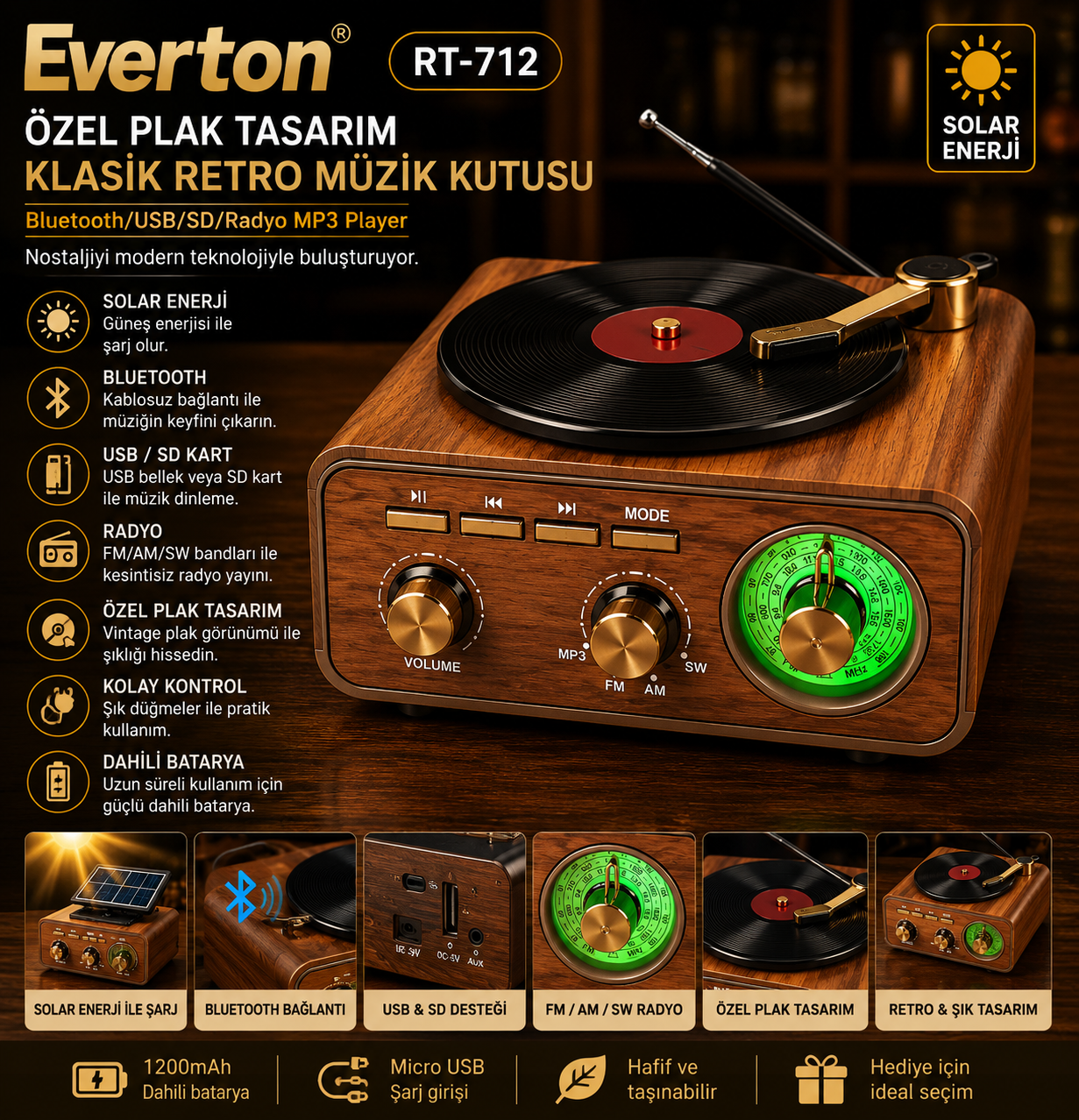 Everton RT-712 Özel Plak Tasarım Klasik Retro Nostalji Bluetooth/USB/Sd/ Radyo Mp3 Player Müzik Kutusu