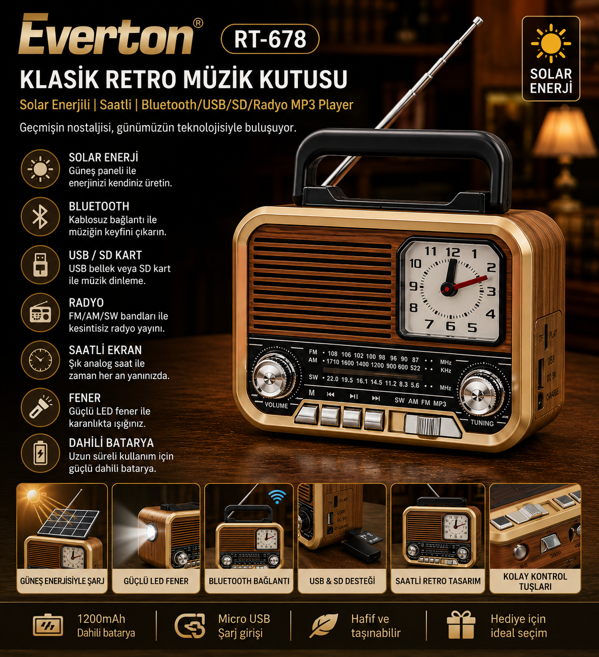 Everton RT-678 Şık Tasarımlı Saatli ,Klasik Retro , Solar Enerjili ,Nostalji Bluetooth/USB/Sd/ Radyo Mp3 Player Müzik Kutusu