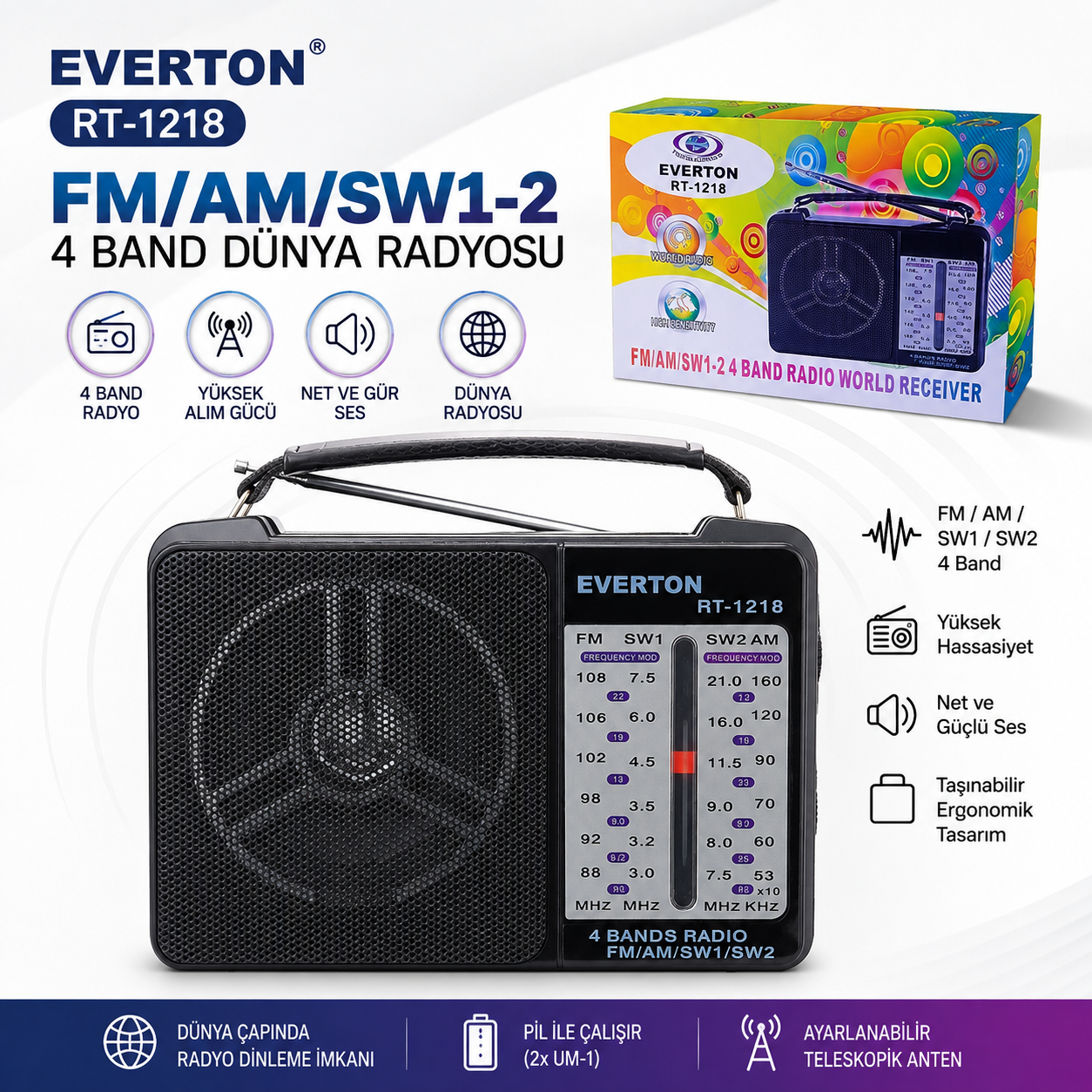 RT-1218 Everton FM/AM/SW1-2 4BAND DÜNYA RADYOSU