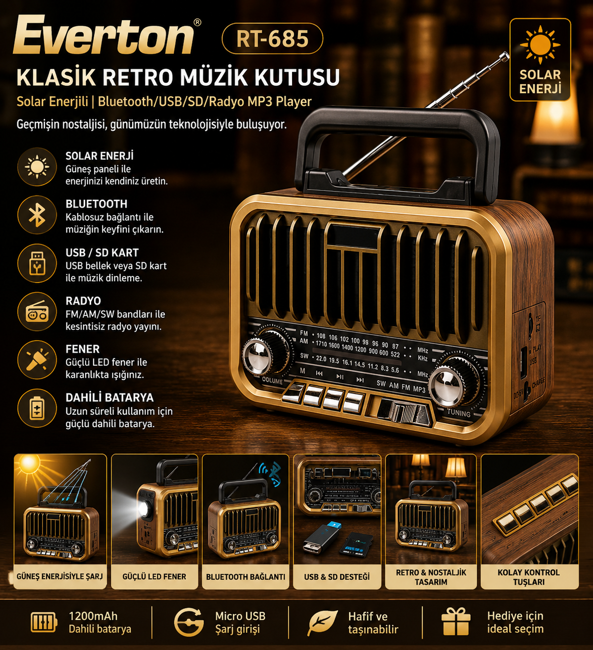 Everton RT-685 Klasik Retro Solar Enerjili , Nostalji Bluetooth/USB/Sd/ Radyo Mp3 Player Müzik Kutusu