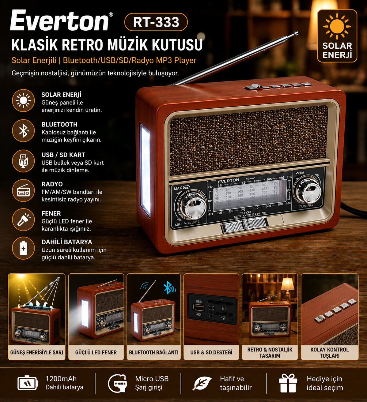Everton RT-333 Klasik Retro Solar Enerjili , Nostalji Bluetooth/USB/Sd/ Radyo Mp3 Player Müzik Kutusu