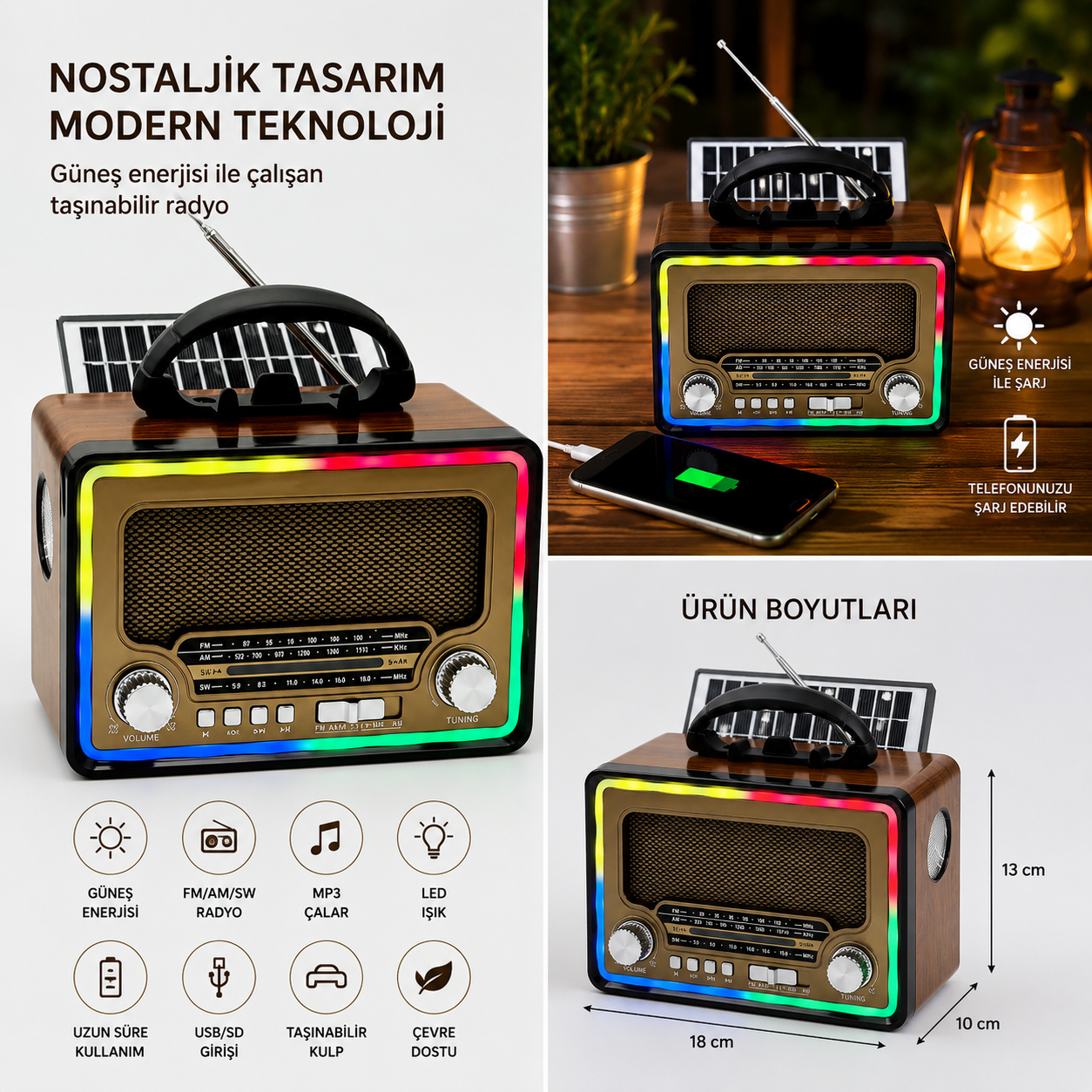 Everton RT-763 Klasik Retro Solar Enerjili , Nostalji Bluetooth/USB/Sd/ Radyo Mp3 Player Müzik Kutusu