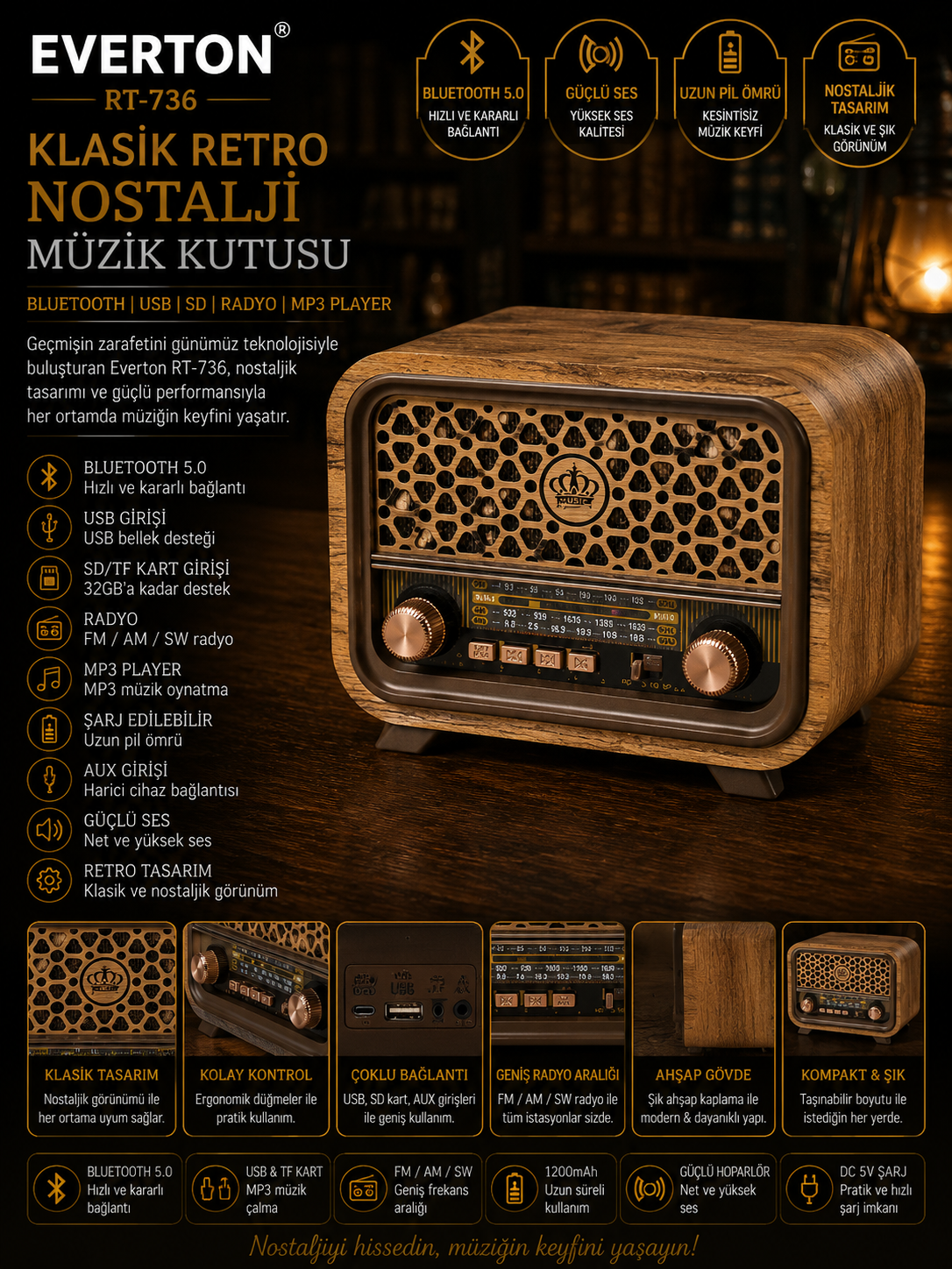 Everton RT-736 Klasik Retro Nostalji Bluetooth/USB/Sd/ Radyo Mp3 Player Müzik Kutusu