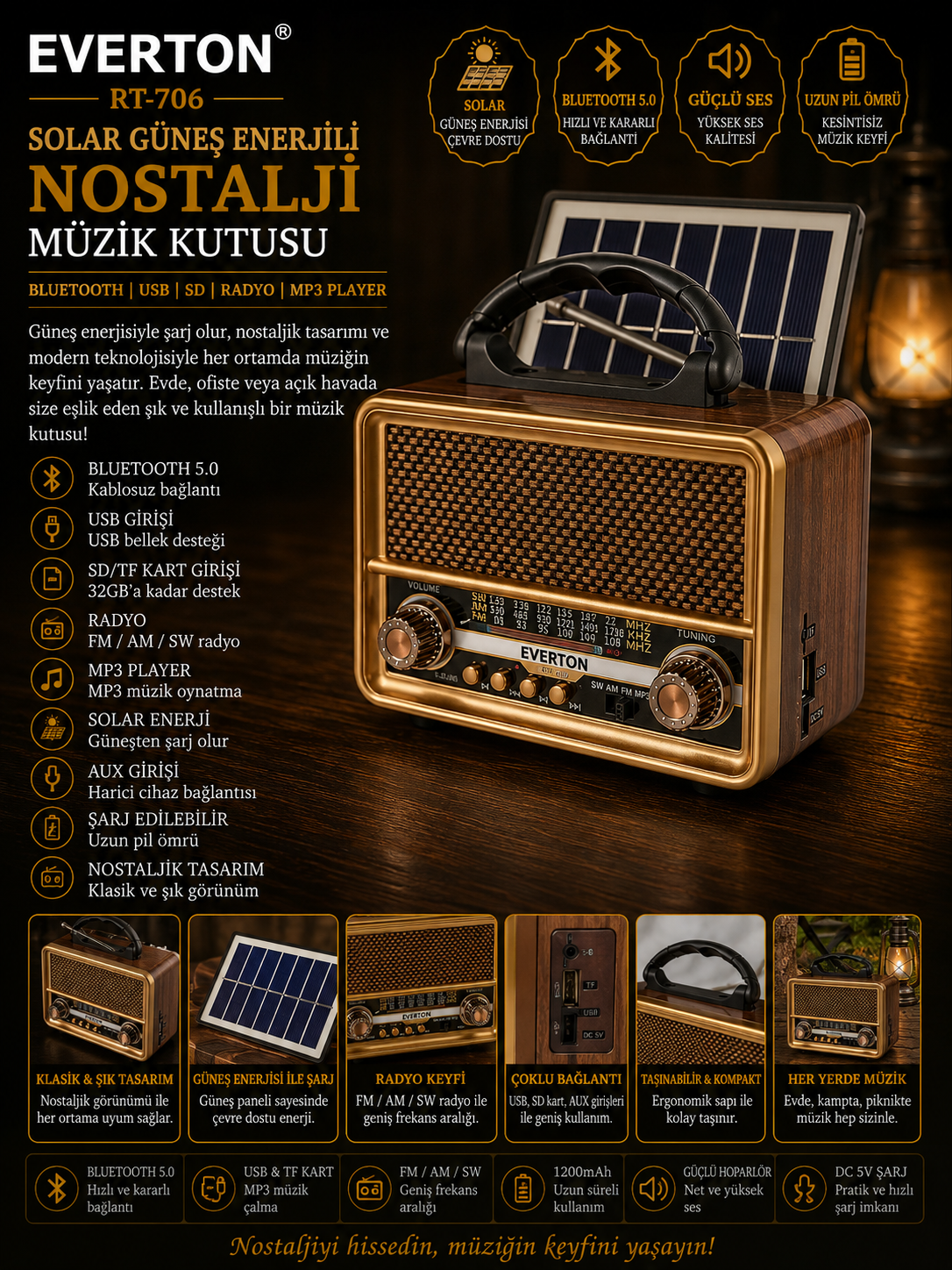 Everton Rt-706 Solar Güneş Enerjili Nostalji Bluetooth/USB/Sd/ Radyo Mp3 Player Müzik Kutusu