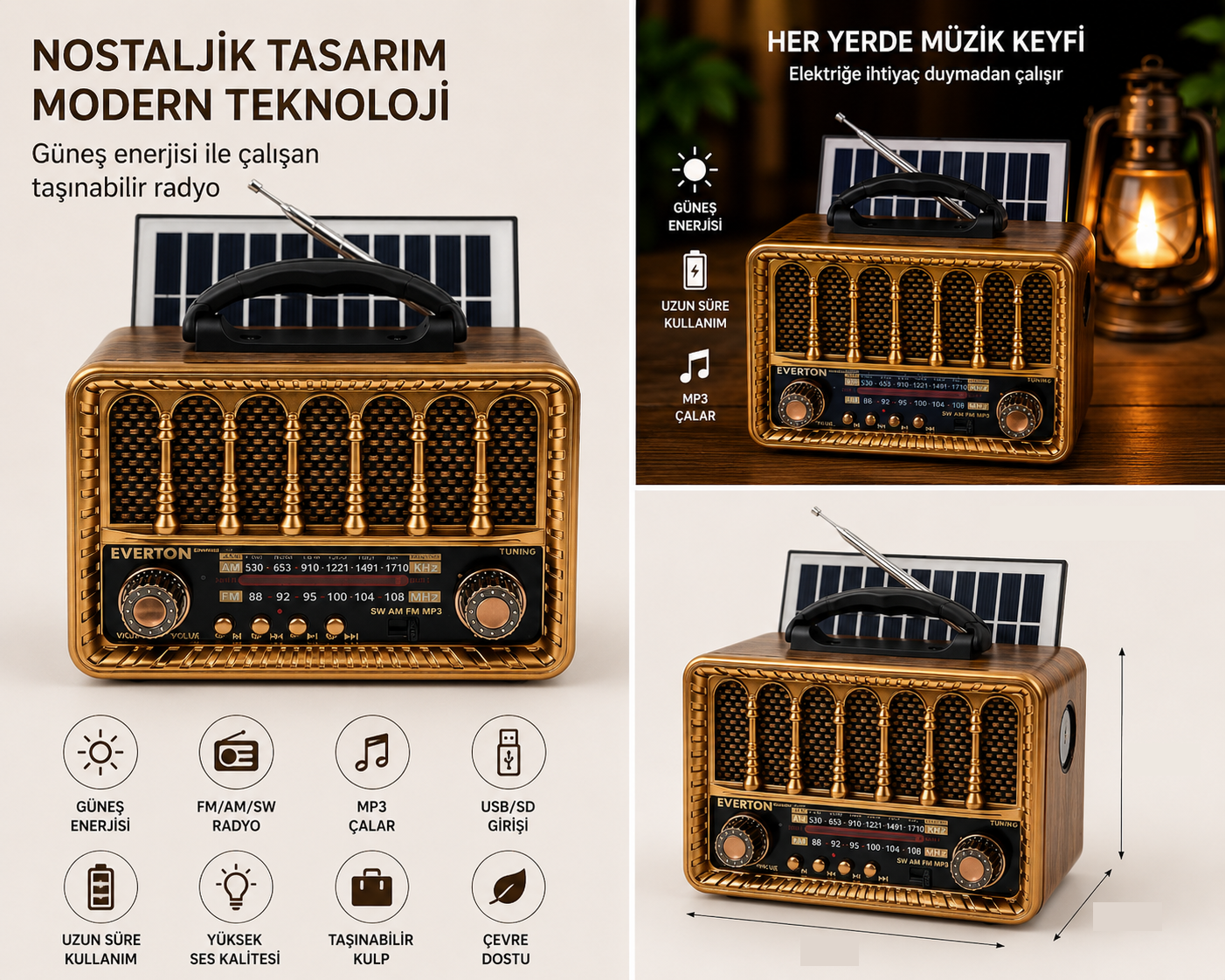 Everton Rt-707 Solar Güneş Enerjili Nostalji Bluetooth/USB/Sd/ Radyo Mp3 Player Müzik Kutusu