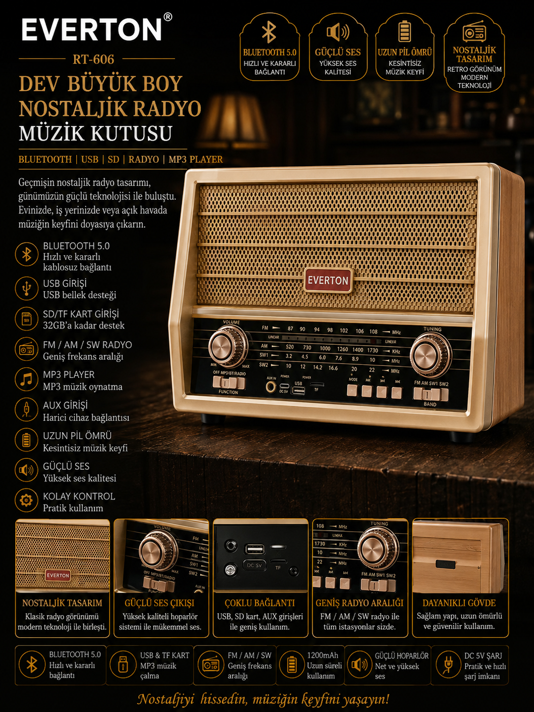 Everton Rt-606 Dev Büyük Boy Nostaljik Bluetooth/USB/Sd/ Radyo Mp3 Player Müzik Kutusu
