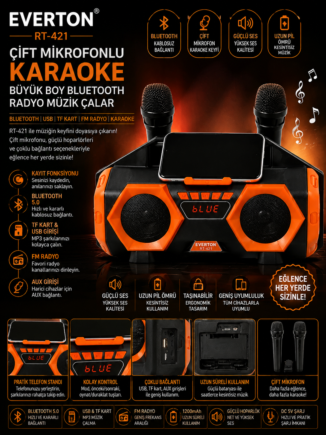 Everton Rt-421 Çift Mikrofonlu Karaoke Büyük Boy Bluetooth Radyo Müzik Çalar