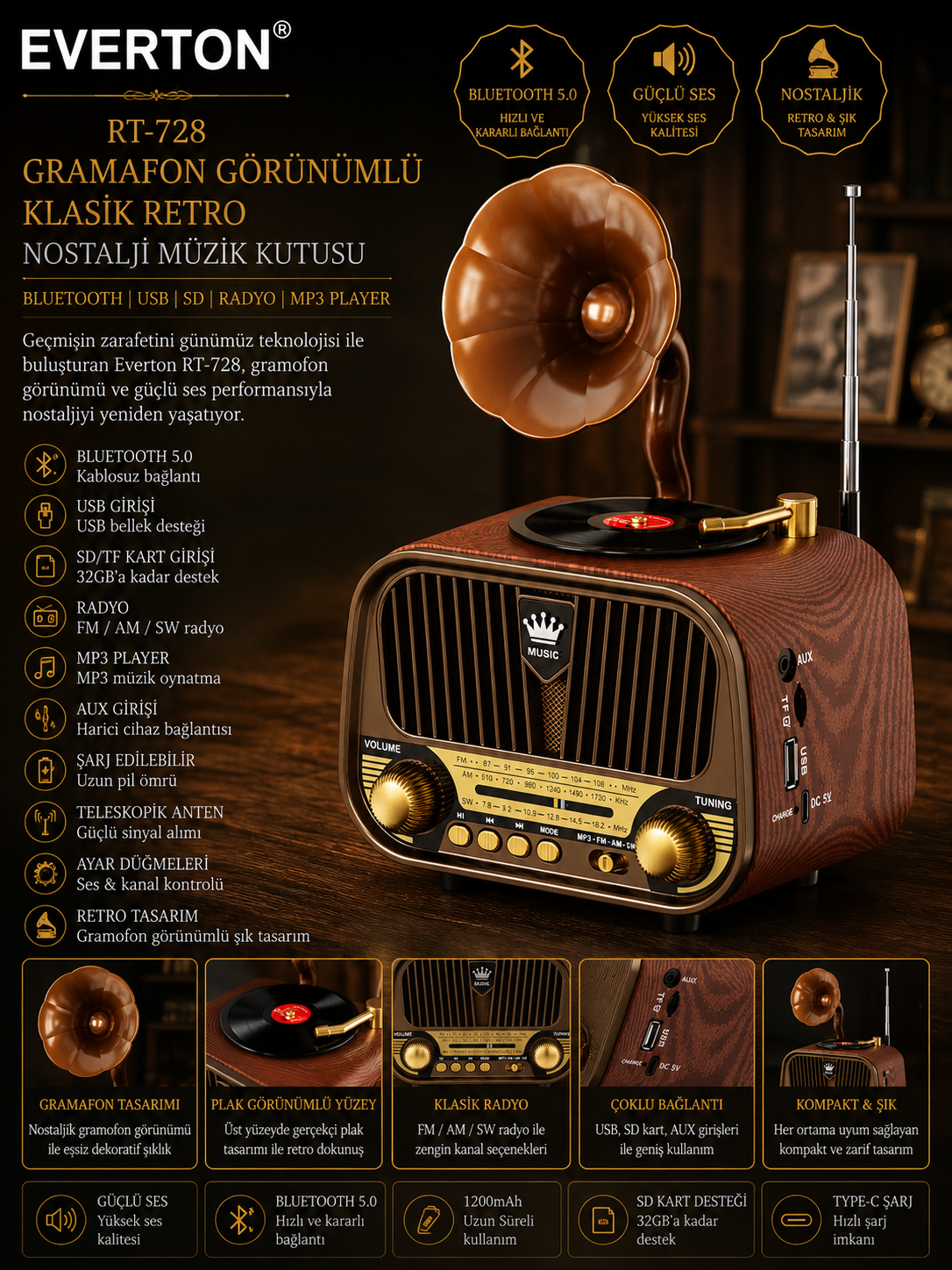 Everton RT-728 Şık Tasarımlı Gramafon Görünümlü Klasik Retro Nostalji Bluetooth/USB/Sd/ Radyo Mp3 Player Müzik Kutusu
