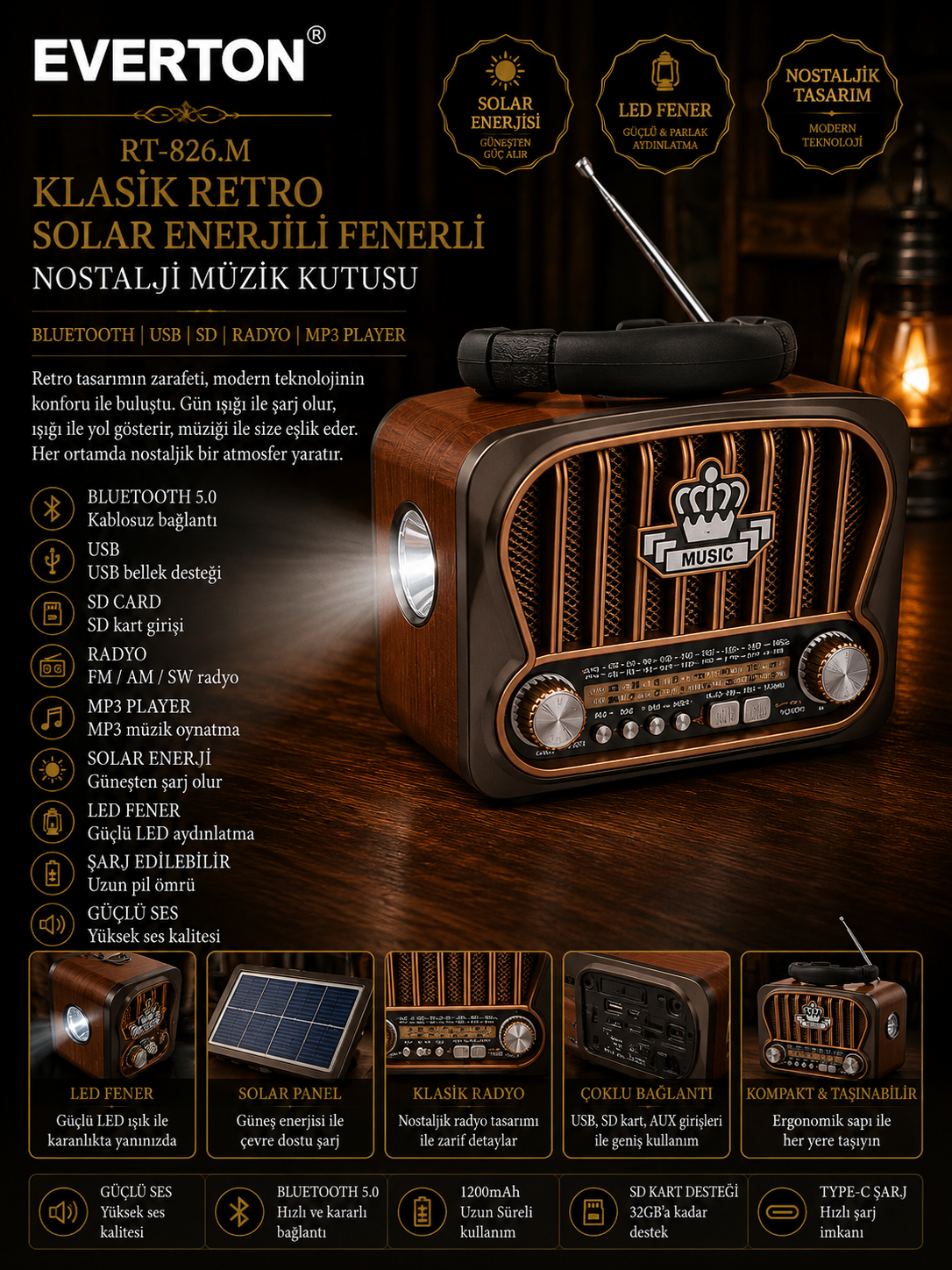Everton RT-826.m  Klasik Retro Solar Enerjili Fenerli , Nostalji Bluetooth/USB/Sd/ Radyo Mp3 Player Müzik Kutusu