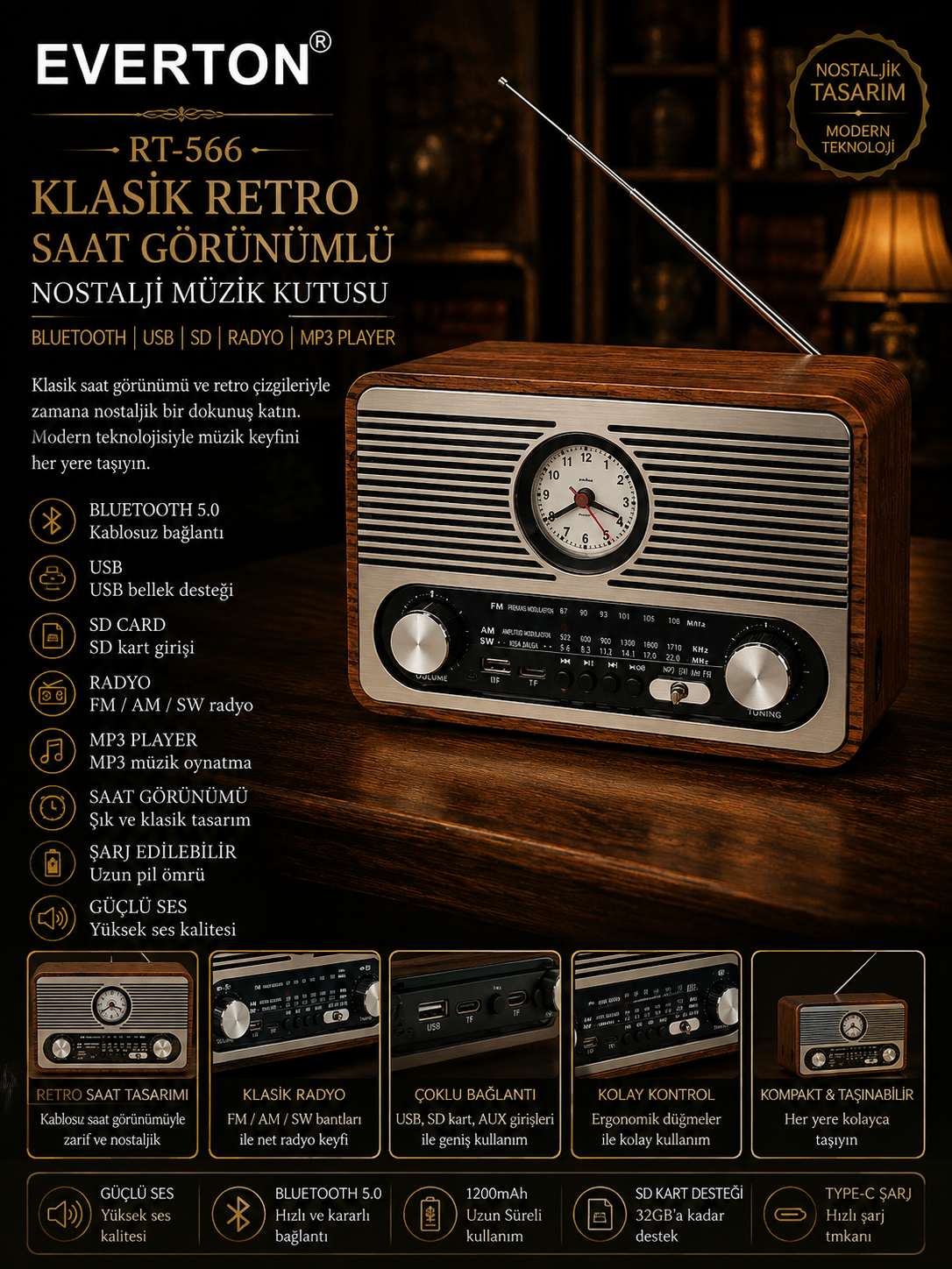 Everton RT-566 Klasik RETRO Saat Görünümlü , Nostalji Bluetooth/USB/Sd/ Radyo Mp3 Player Müzik Kutusu