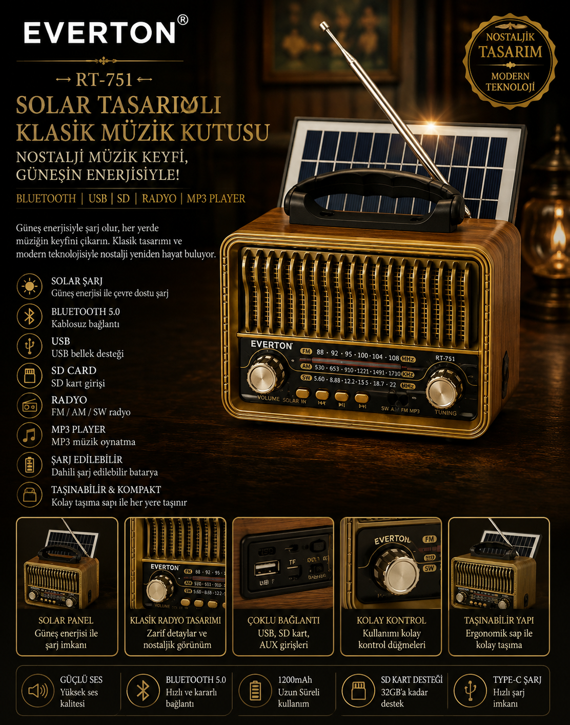 Everton RT-751 Solar Tasarımlı ve  Klasik Görünümlü , Nostalji Bluetooth/USB/Sd/ Radyo Mp3 Player Müzik Kutusu