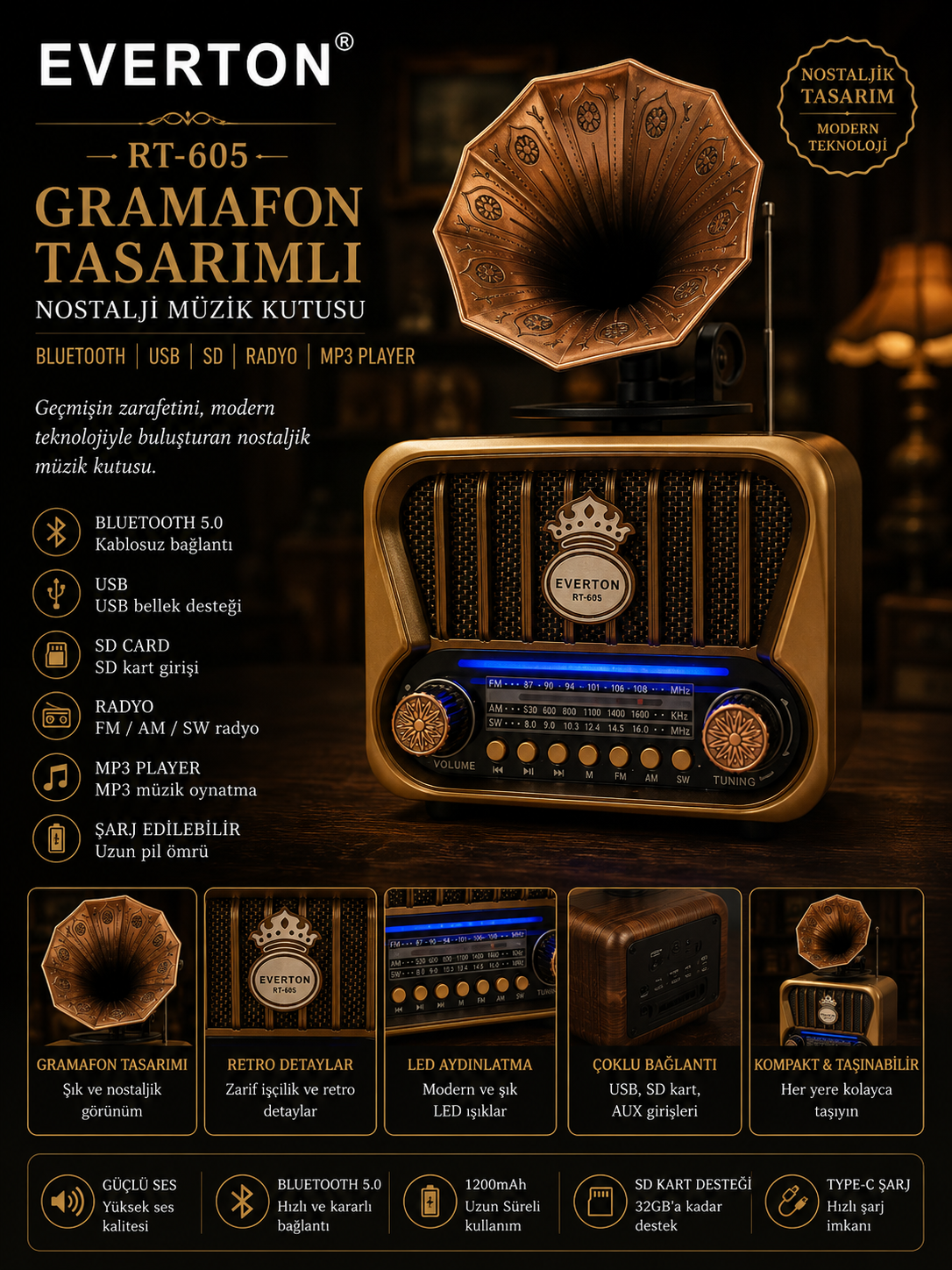 Everton RT-605 Gramafon Tasarımlı ve Görünümlü , Nostalji Bluetooth/USB/Sd/ Radyo Mp3 Player Müzik Kutusu