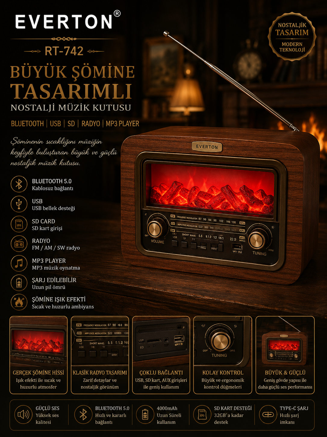 Everton RT-742 Şömine Tasarımlı ve Görünümlü BÜYÜK , Nostalji Bluetooth/USB/Sd/ Radyo Mp3 Player Müzik Kutusu