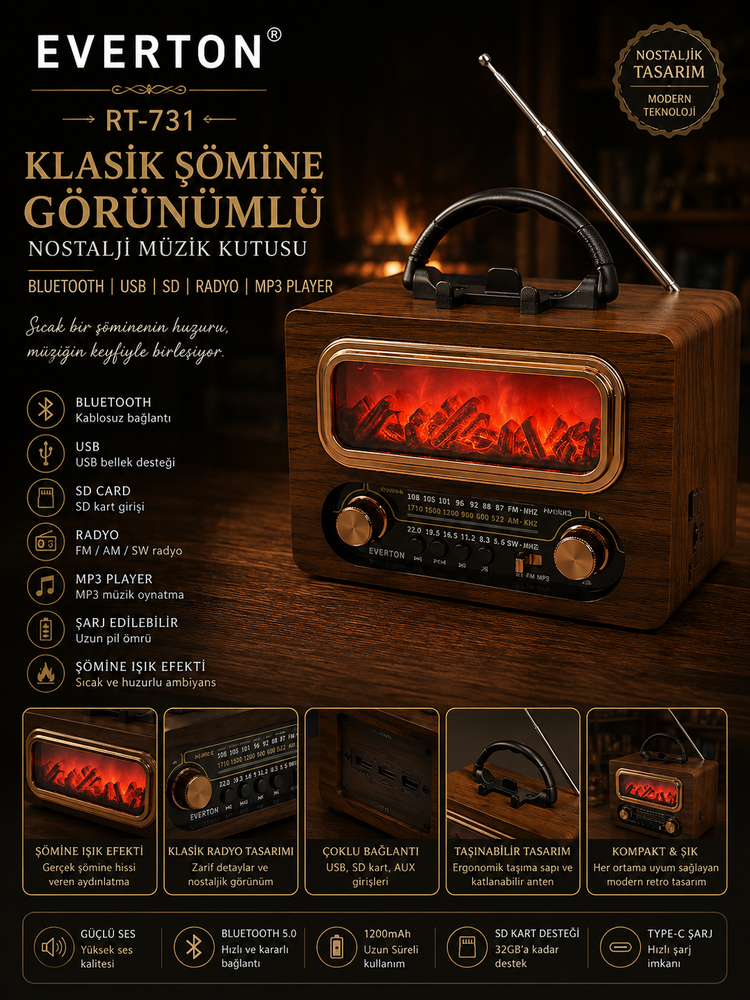 Everton RT-731 Klasik Şömine Görünümlü , Nostalji Bluetooth/USB/Sd/ Radyo Mp3 Player Müzik Kutusu