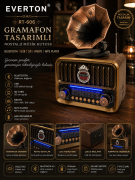 Everton RT-606 Gramafon Tasarımlı ve Görünümlü , Nostalji Bluetooth/USB/Sd/ Radyo Mp3 Player Müzik Kutusu