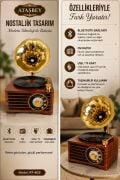 Everton RT-603 Özel Plak ve Gramafon Tasarım Klasik Retro Nostalji Bluetooth/USB/Sd/ Radyo Mp3 Player Müzik Kutusu