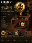 Everton RT-603 Özel Plak ve Gramafon Tasarım Klasik Retro Nostalji Bluetooth/USB/Sd/ Radyo Mp3 Player Müzik Kutusu