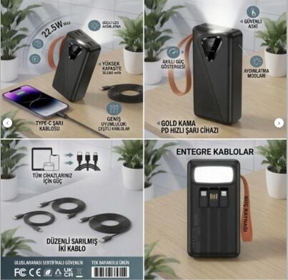 Gk-Y433 30.000 mAh 22.5W PD Hızlı Şarj 4 Port Usb ve Kendinden Kablolu Şarj Göstergeli Led Işıklı Taşınabilir Kamp Lambalı Powerbank
