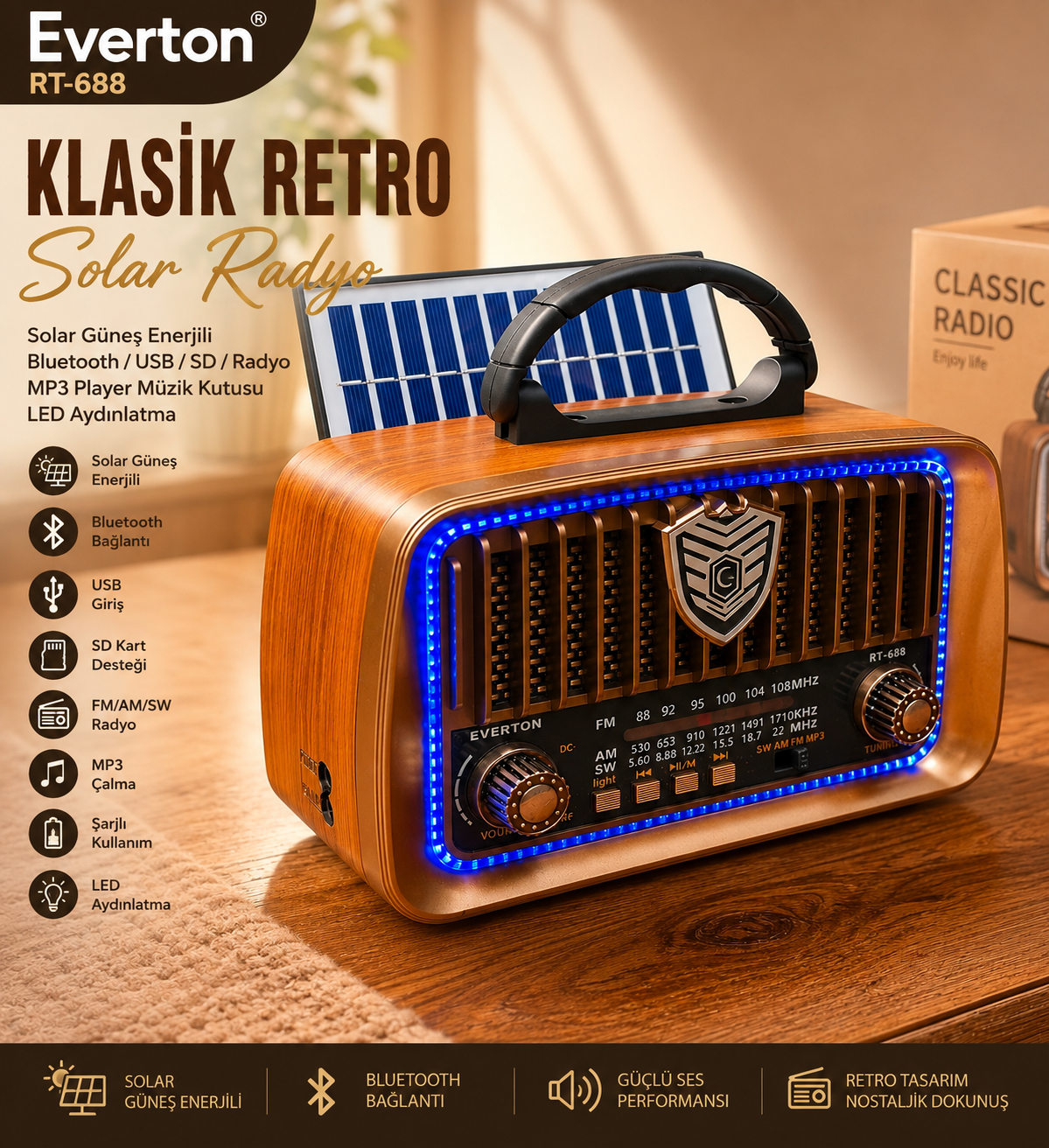 Everton RT-688 Klasik Retro Solar Güneş Enerjili LEDLİ Nostalji Bluetooth/USB/Sd/ Radyo Mp3 Player Müzik Kutusu
