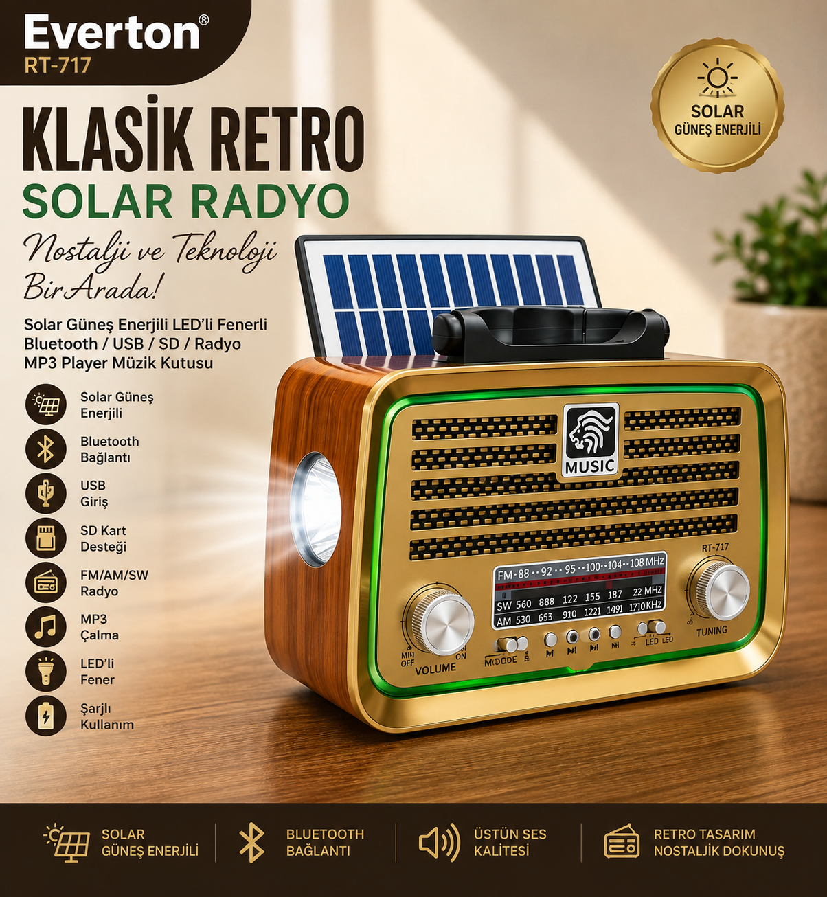 Everton RT-717 Klasik Retro Solar Güneş Enerjili LEDLİ Fenerli Nostalji Bluetooth/USB/Sd/ Radyo Mp3 Player Müzik Kutusu