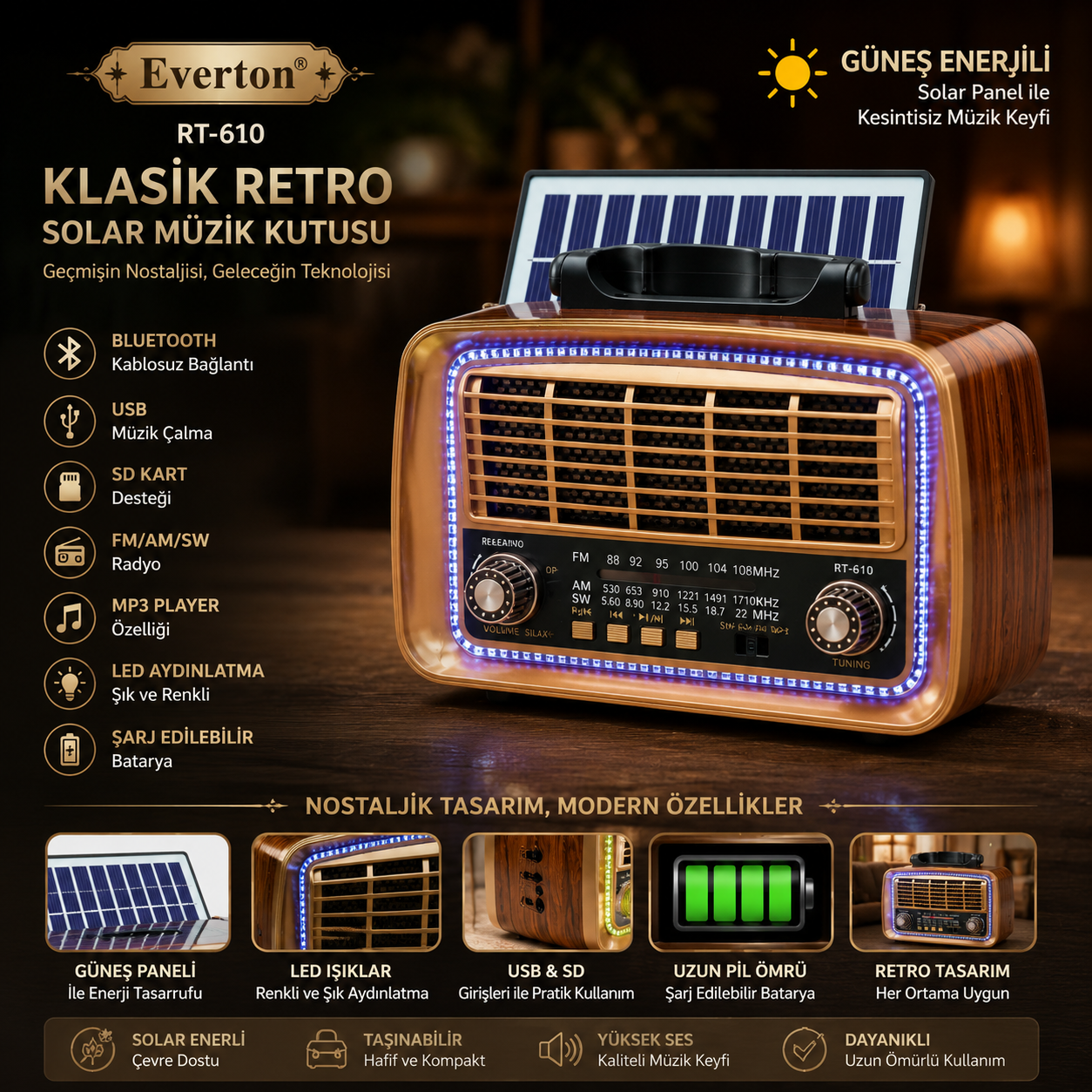 Everton RT-610 Klasik Retro Solar Güneş Enerjili LEDLİ Nostalji Bluetooth/USB/Sd/ Radyo Mp3 Player Müzik Kutusu