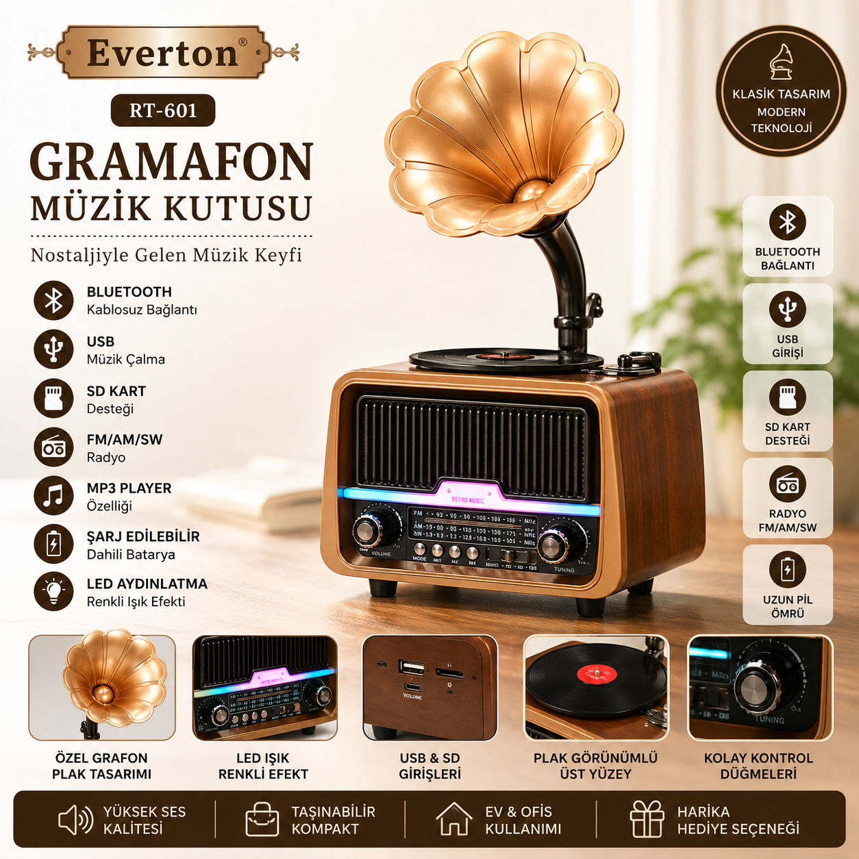 Everton RT-601 Özel Plak Gramafon Tasarımlı Ledli Klasik Retro Nostalji Bluetooth/USB/Sd/ Radyo Mp3 Player Müzik Kutusu