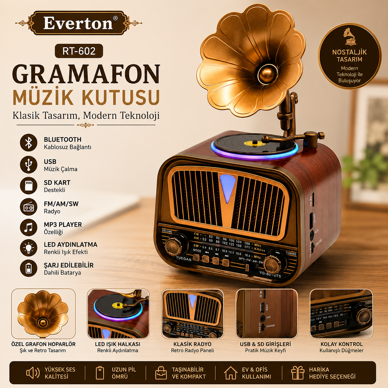 Everton RT-602 Özel Plak Gramafon Tasarımlı Ledli Klasik Retro Nostalji Bluetooth/USB/Sd/ Radyo Mp3 Player Müzik Kutusu