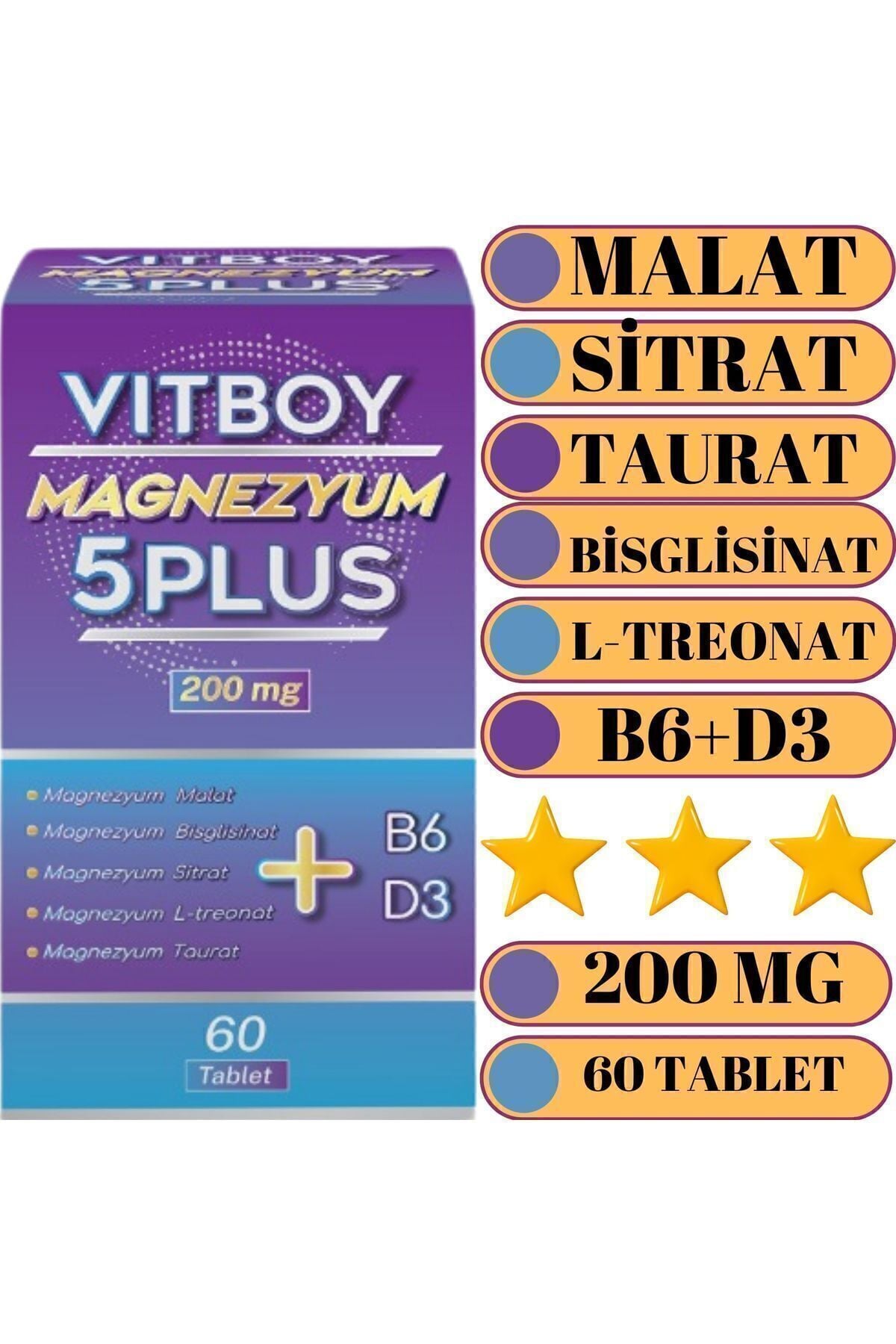 Vitboy Çoklu Magnezyum 5 Plus Complex 60 Tablet 200mg Malat-bisglisinat-sitrat-l-treonat-taurat-b6-d3